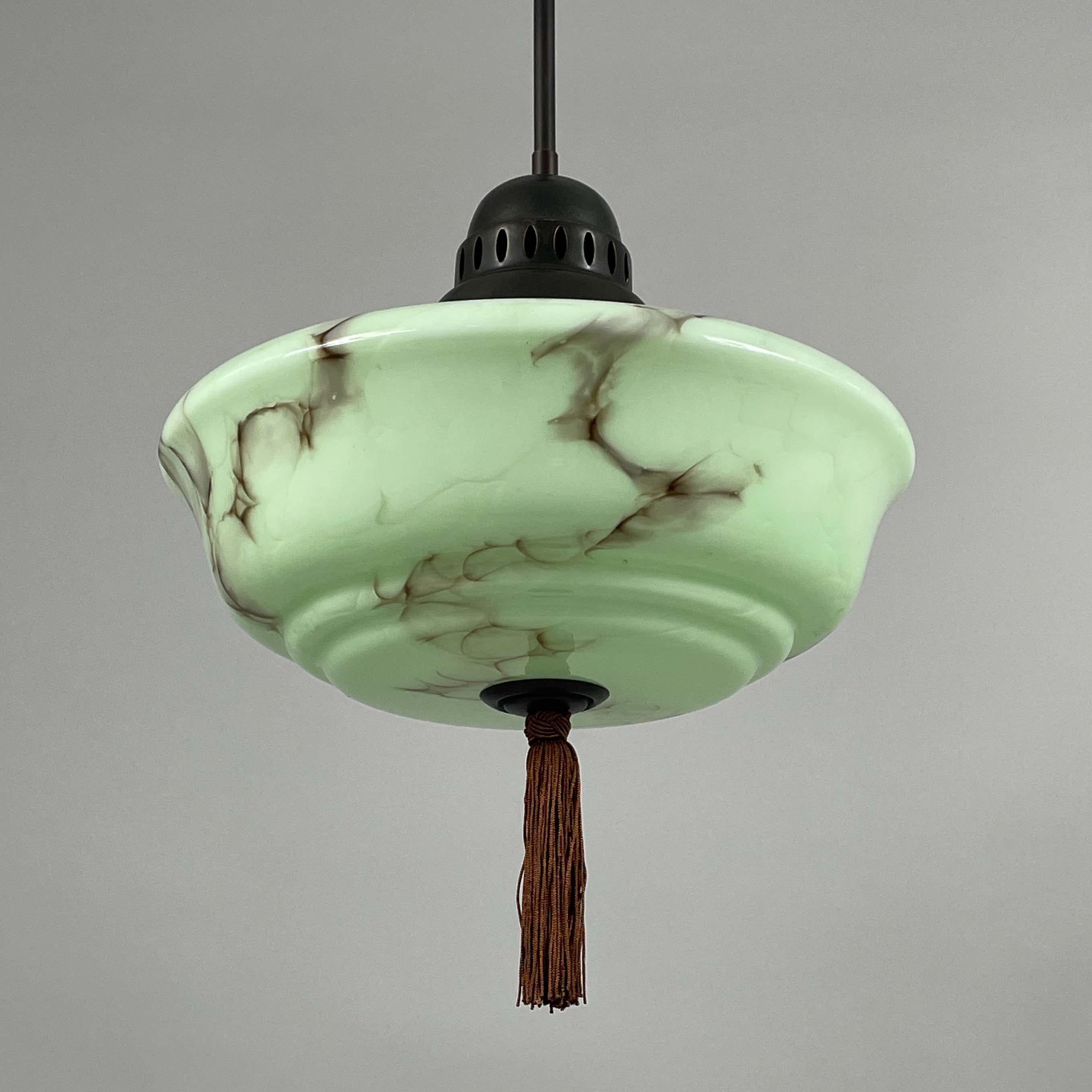 Art Deco Pale Green Marbled Opaline & Brass Pendant with Tassel, Germany 1930s For Sale 3