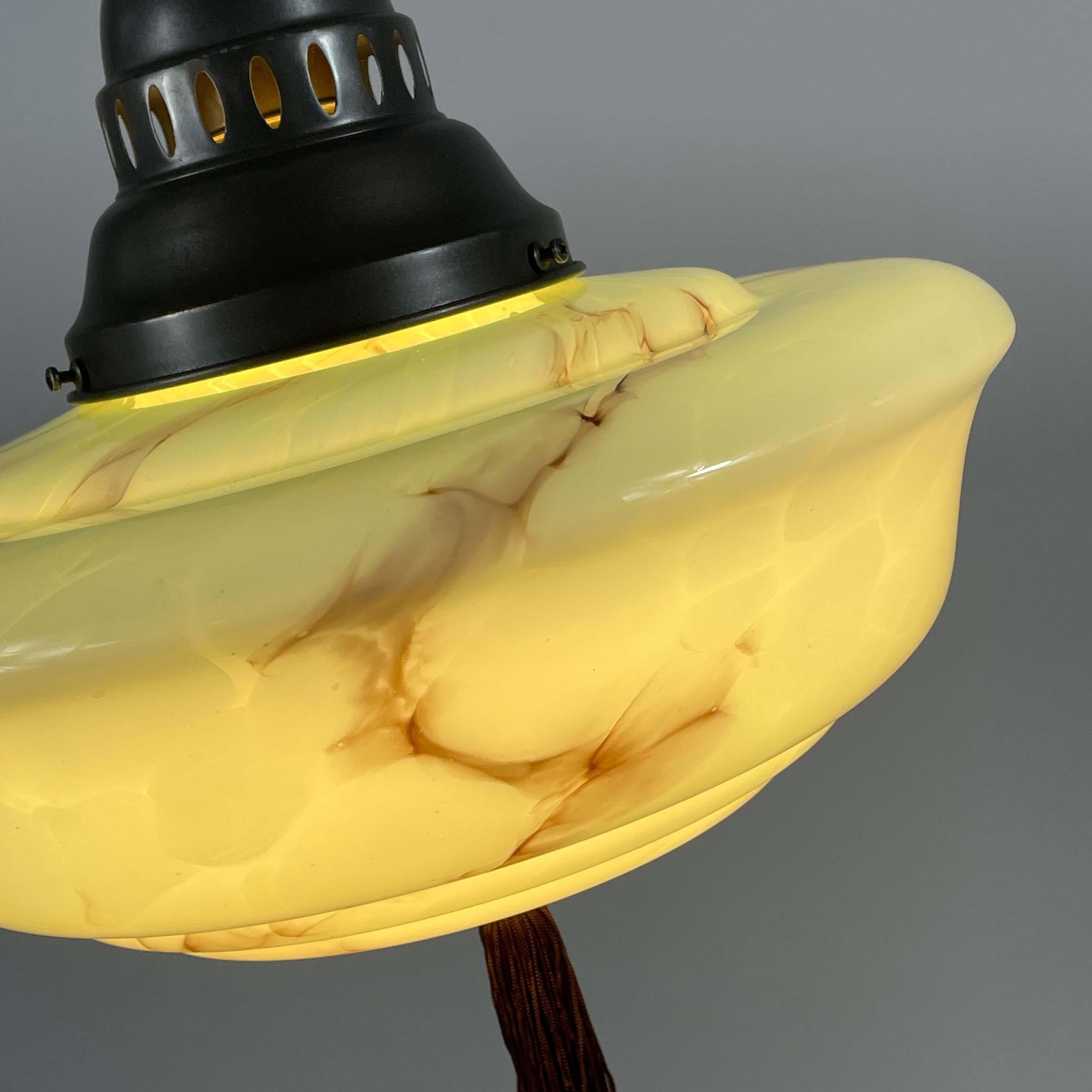 Art Deco Pale Green Marbled Opaline & Brass Pendant with Tassel, Germany 1930s For Sale 4