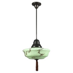 Art Deco Pale Green Marbled Opaline & Brass Pendant with Tassel, Germany 1930s