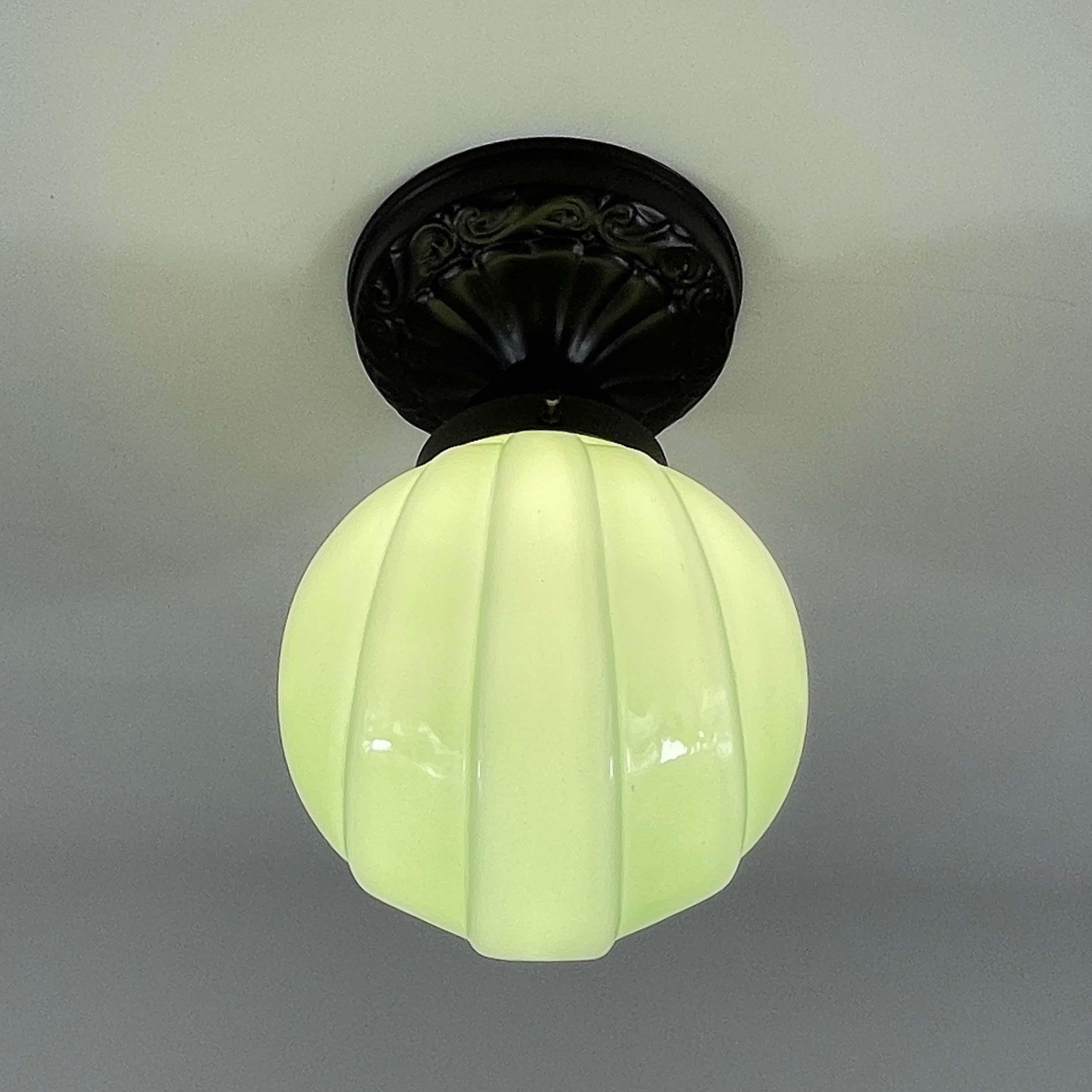 Art Deco Pale Green Opaline & Burnished Metal Flush Mount, Germany 1920s 1930s For Sale 5