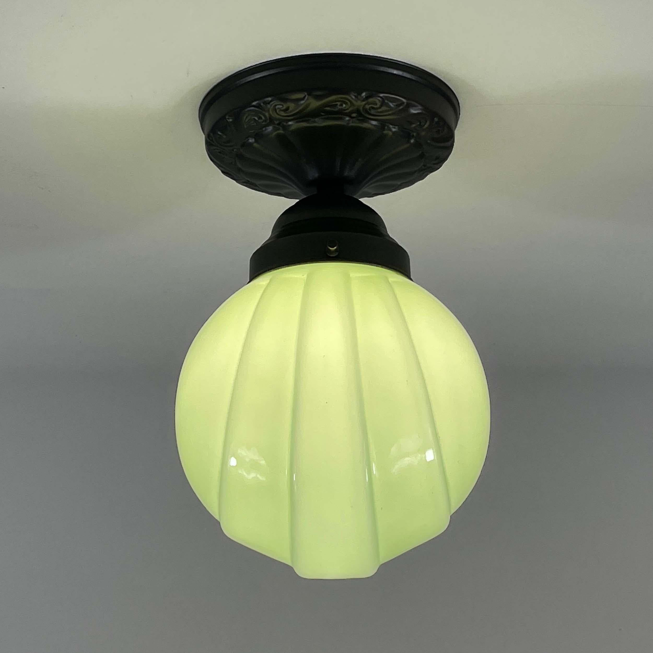 Art Deco Pale Green Opaline & Burnished Metal Flush Mount, Germany 1920s 1930s For Sale 2