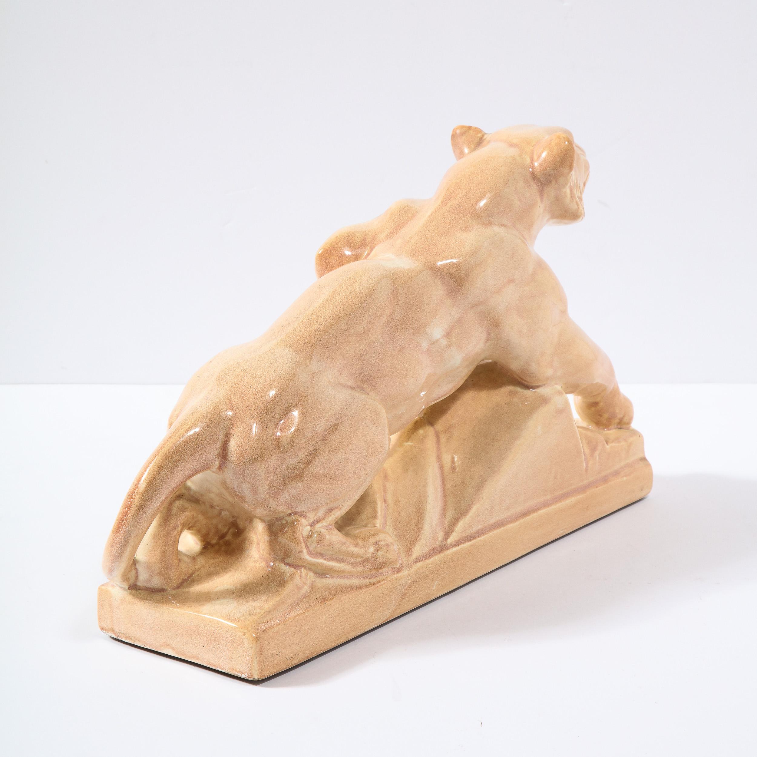 Art Deco Pale Terracotta Ceramic Sculpture of Stylized Pouncing Tiger For Sale 4