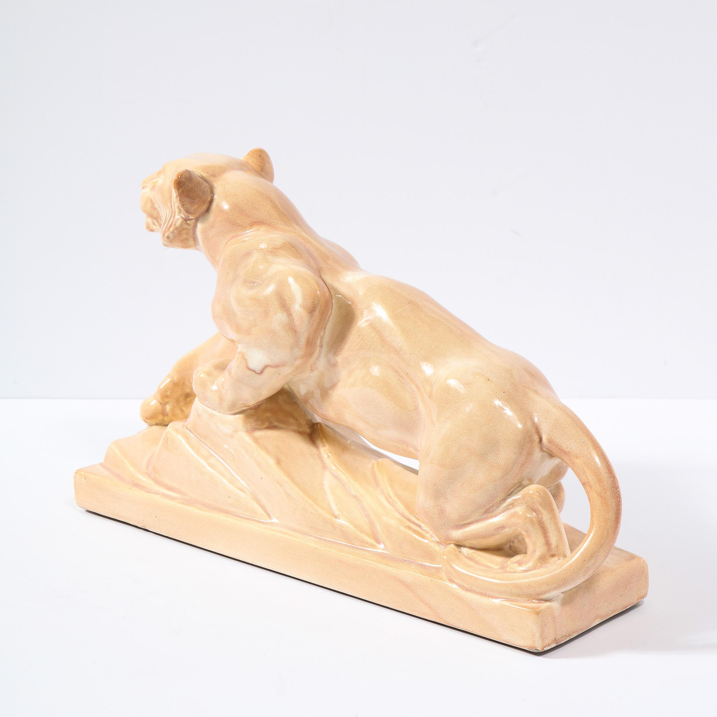 Art Deco Pale Terracotta Ceramic Sculpture of Stylized Pouncing Tiger For Sale 5