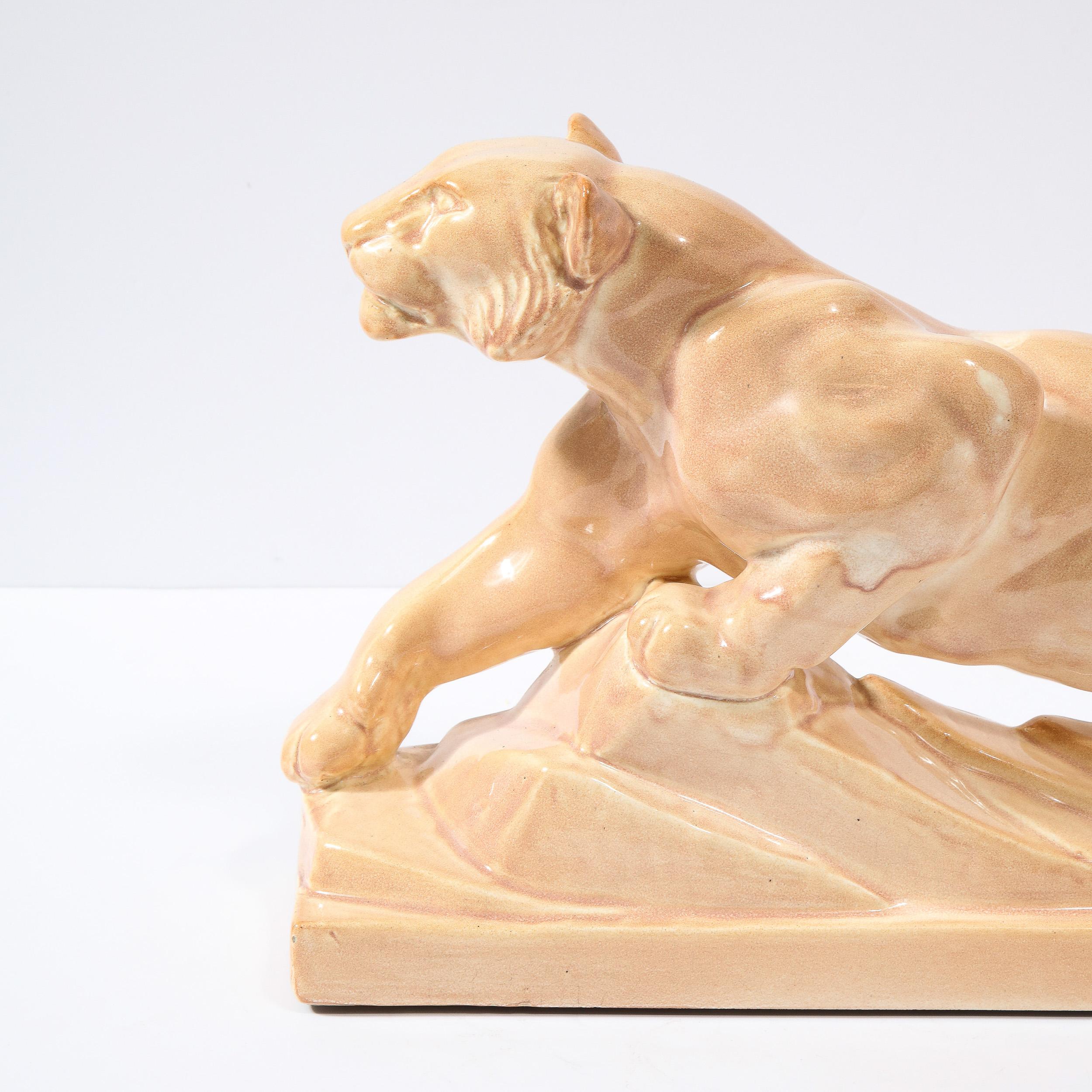 French Art Deco Pale Terracotta Ceramic Sculpture of Stylized Pouncing Tiger For Sale