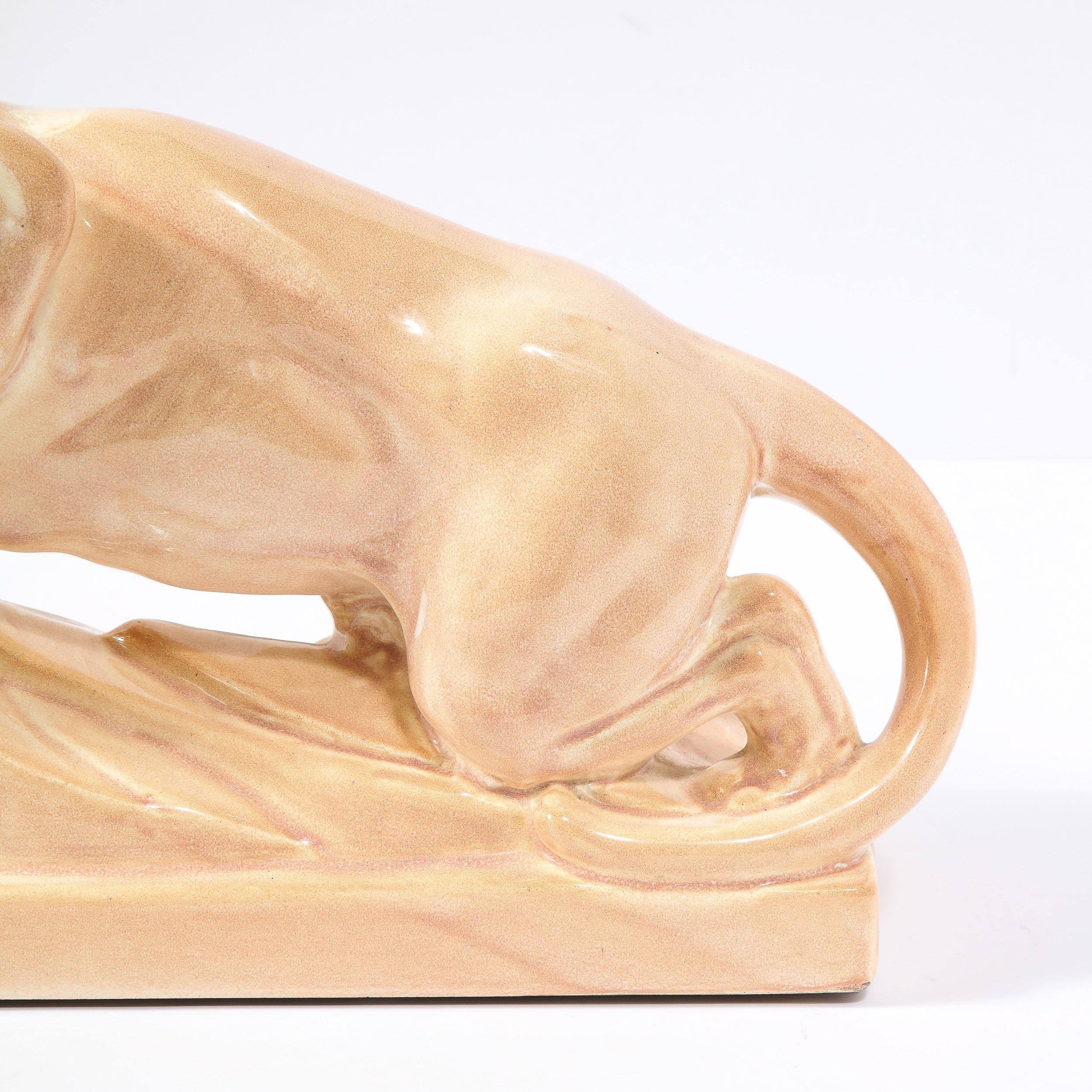 Glazed Art Deco Pale Terracotta Ceramic Sculpture of Stylized Pouncing Tiger For Sale
