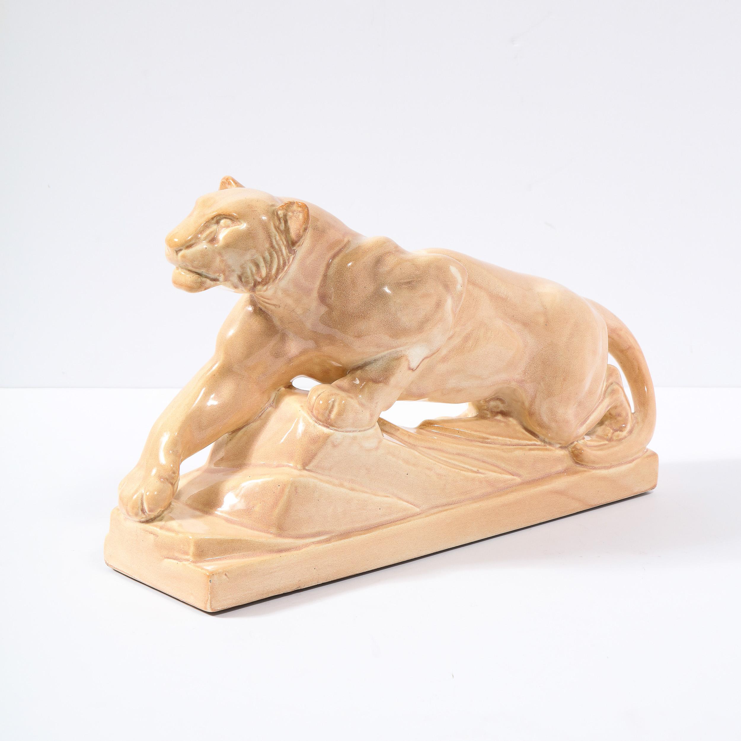 Art Deco Pale Terracotta Ceramic Sculpture of Stylized Pouncing Tiger In Excellent Condition For Sale In New York, NY