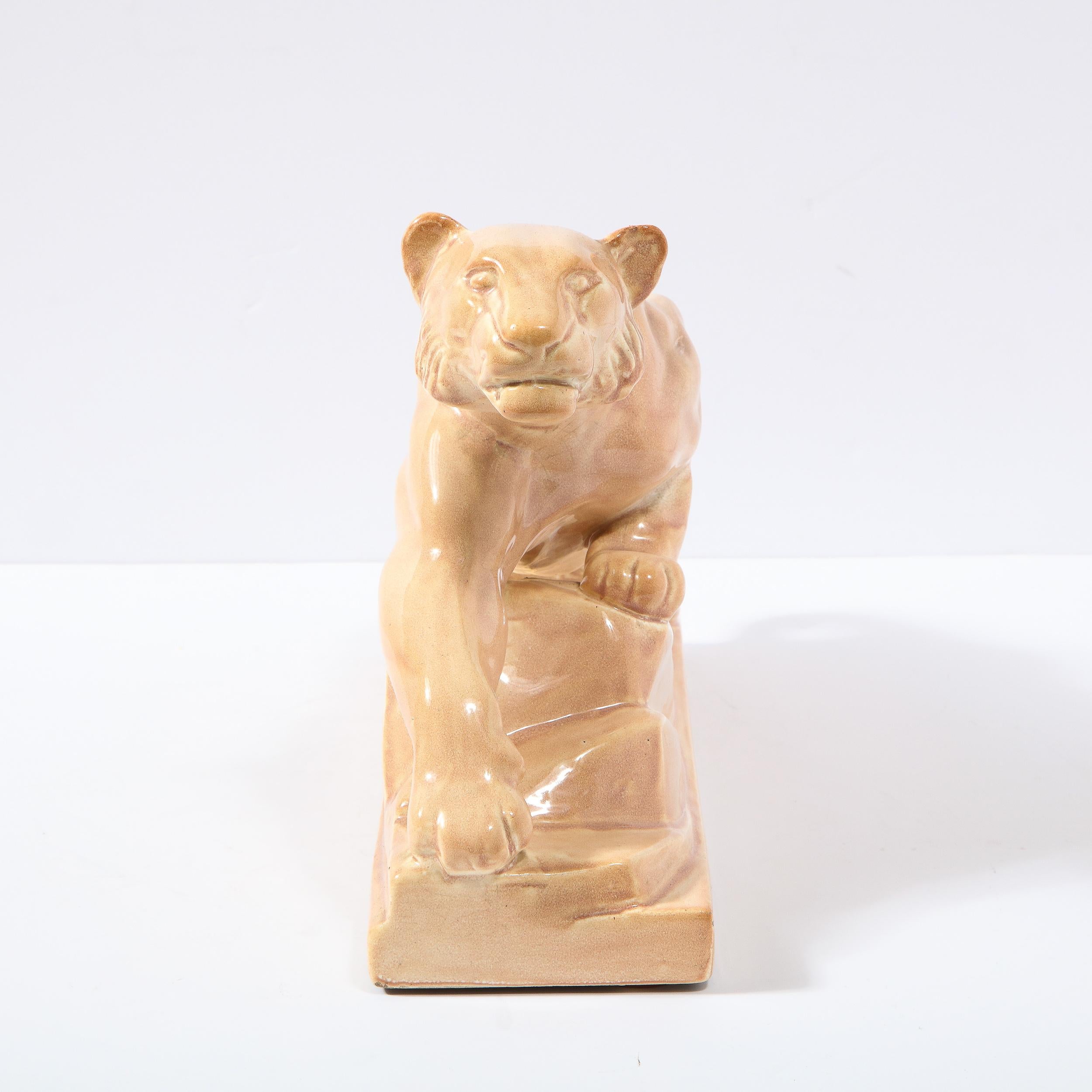 Art Deco Pale Terracotta Ceramic Sculpture of Stylized Pouncing Tiger For Sale 1