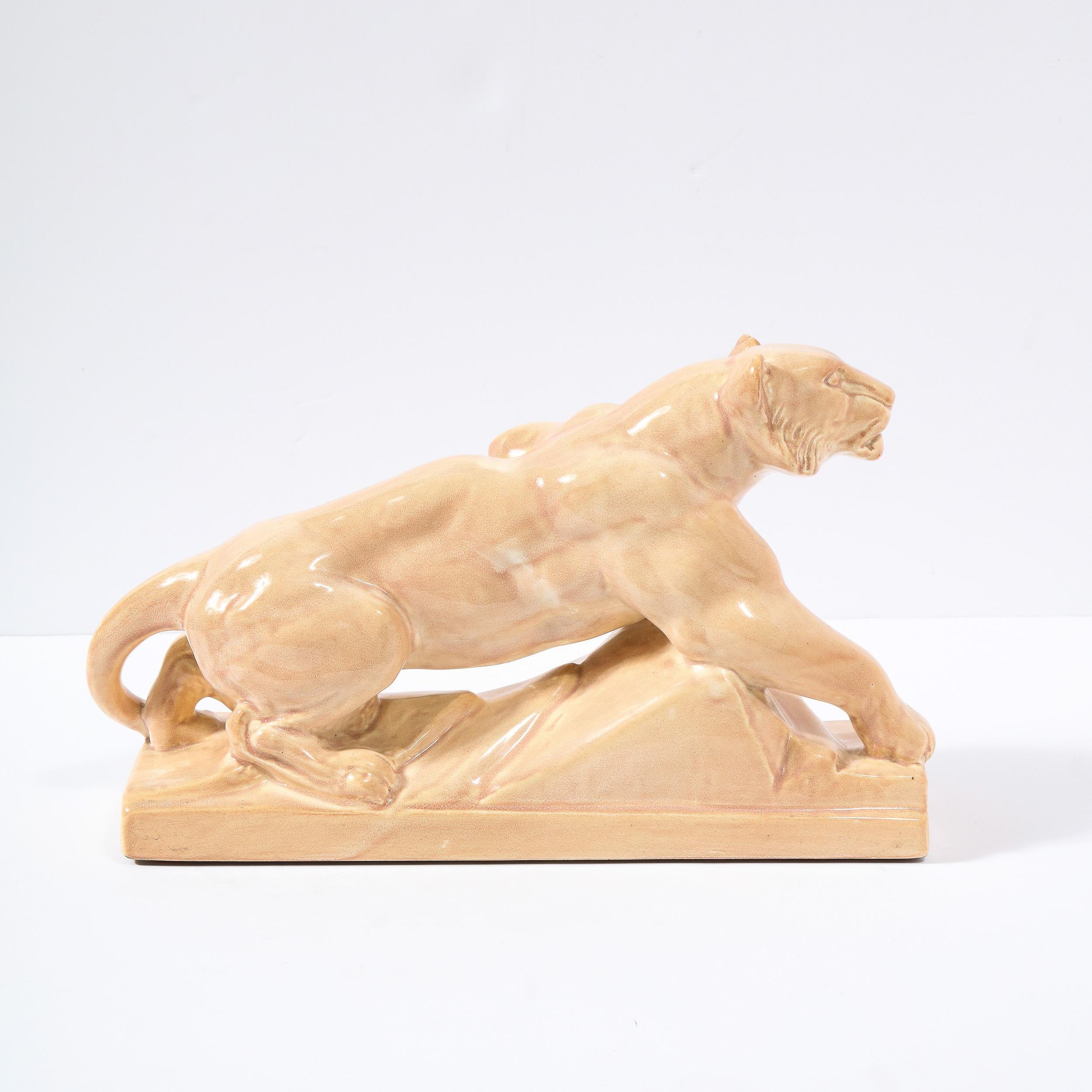 Art Deco Pale Terracotta Ceramic Sculpture of Stylized Pouncing Tiger For Sale 3