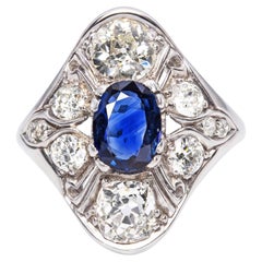 Art Deco Palladium Deep Blue Sapphire & Old Euro Diamond Ring