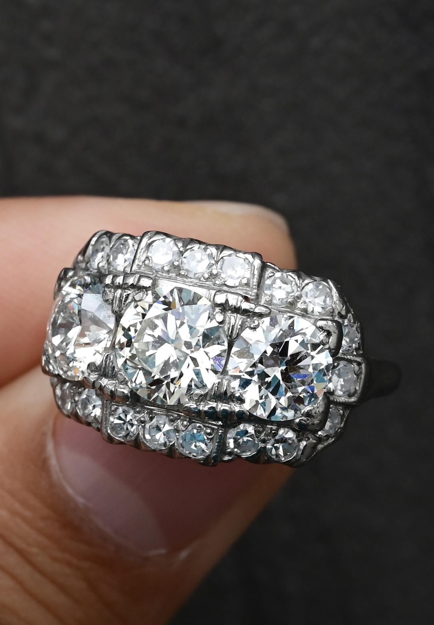 Art Deco Palladium Diamond Engagement Ring IGI Certified 3.75 TCW Ring Size 7.5 In Good Condition For Sale In Media, PA