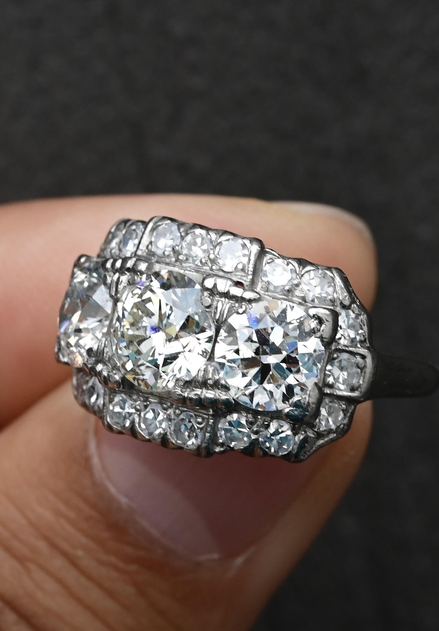 Women's Art Deco Palladium Diamond Engagement Ring IGI Certified 3.75 TCW Ring Size 7.5 For Sale