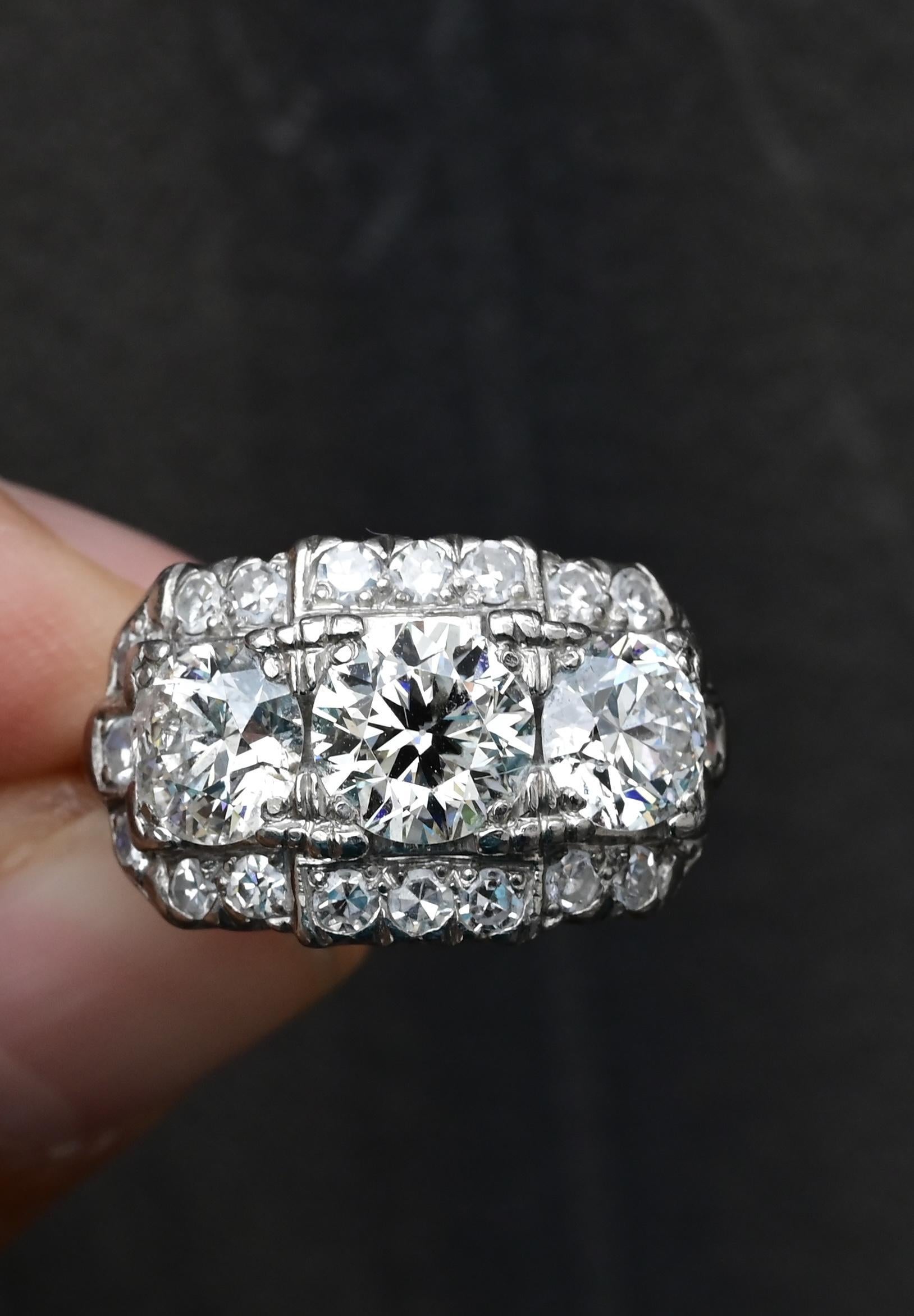 Art Deco Palladium Diamond Engagement Ring IGI Certified 3.75 TCW Ring Size 7.5 For Sale 4