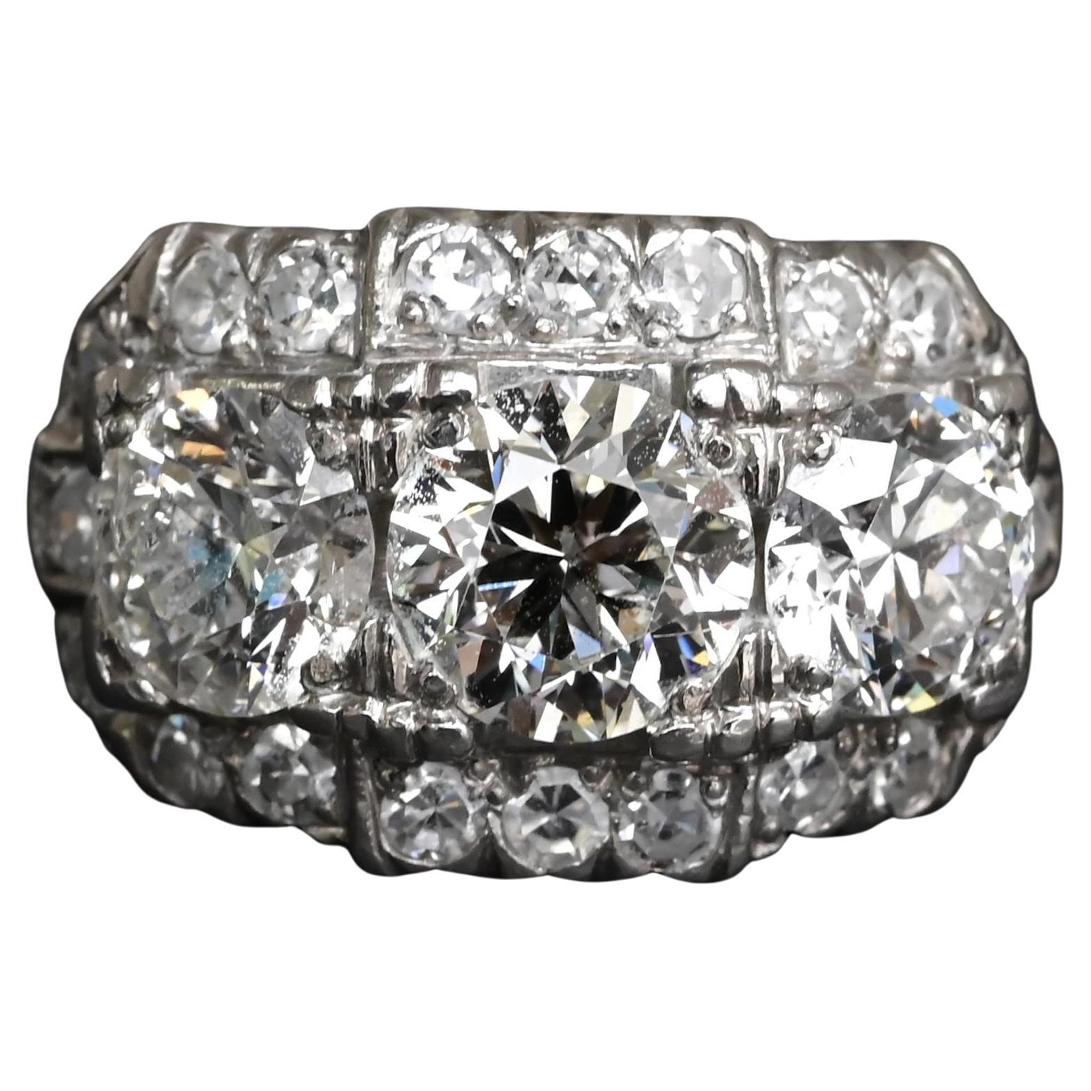Art Deco Palladium Diamond Engagement Ring IGI Certified 3.75 TCW Ring Size 7.5 For Sale