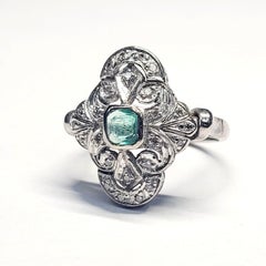 Art Deco Palladium Emerald and Pave Diamond Ring
