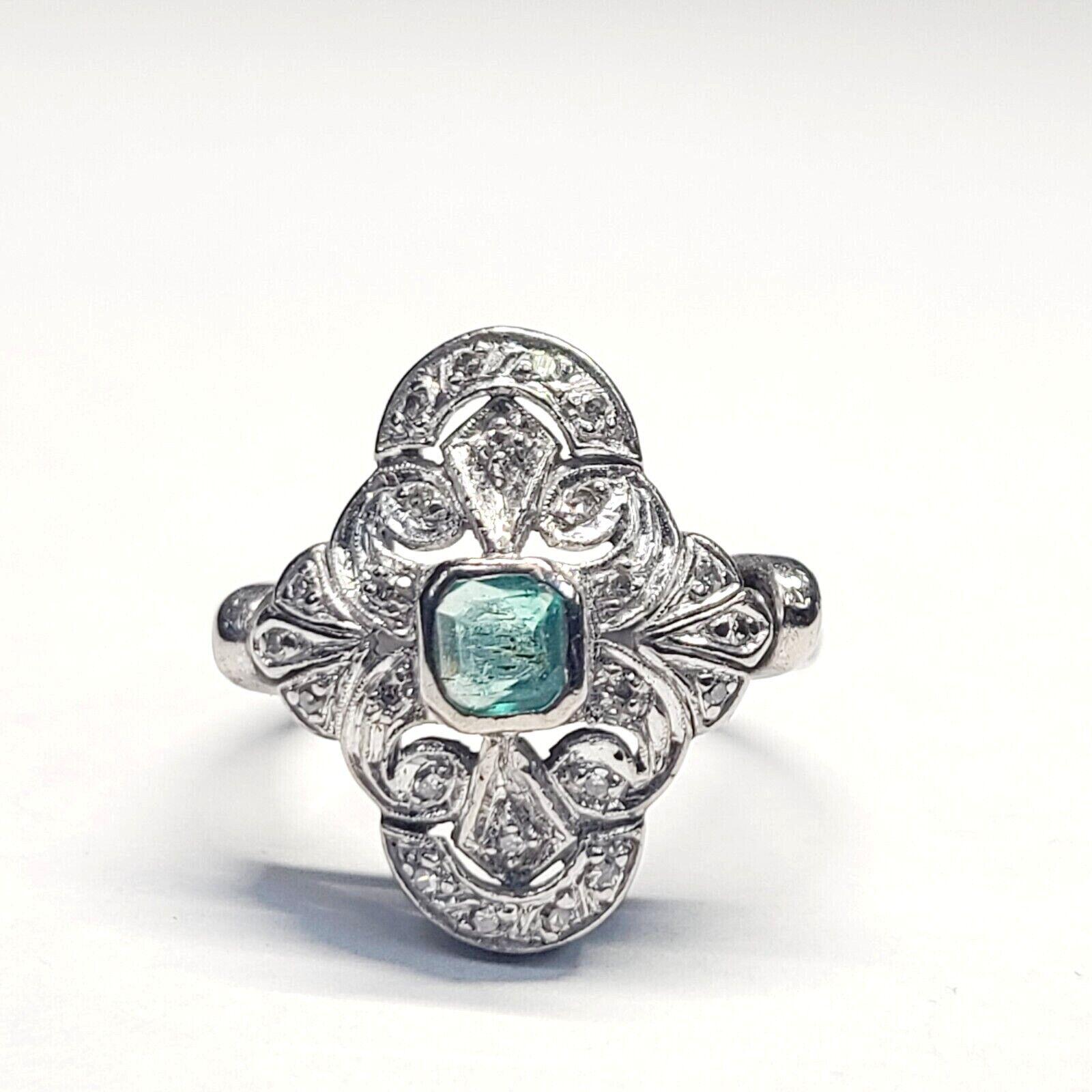 Art Deco Palladium Emerald and Pave Diamond Ring In Excellent Condition For Sale In Addison, TX