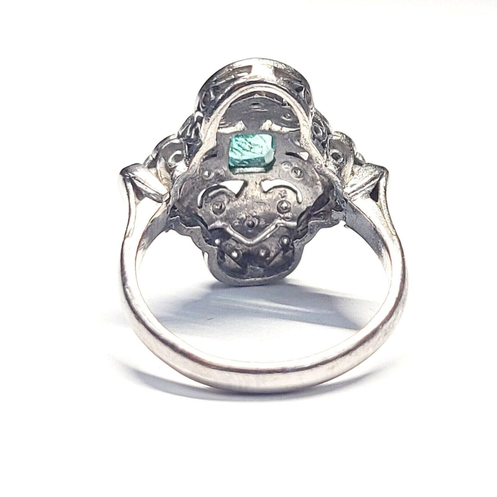 Women's Art Deco Palladium Emerald and Pave Diamond Ring For Sale