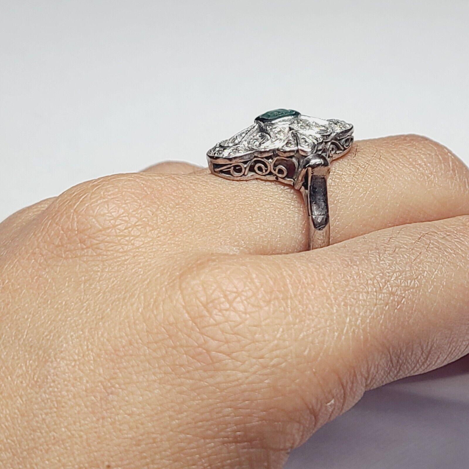 Art Deco Palladium Emerald and Pave Diamond Ring For Sale 2