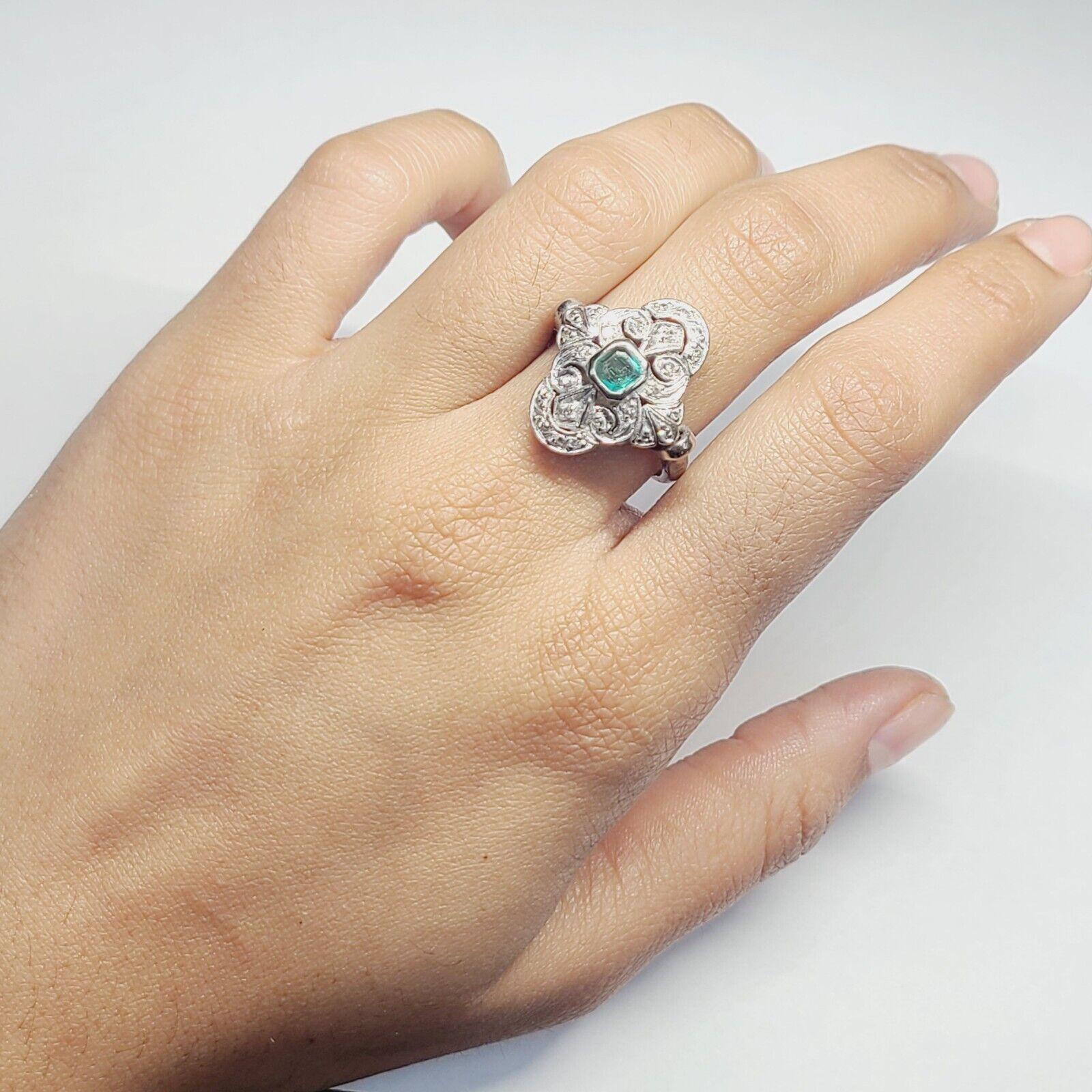 Art Deco Palladium Emerald and Pave Diamond Ring For Sale 3