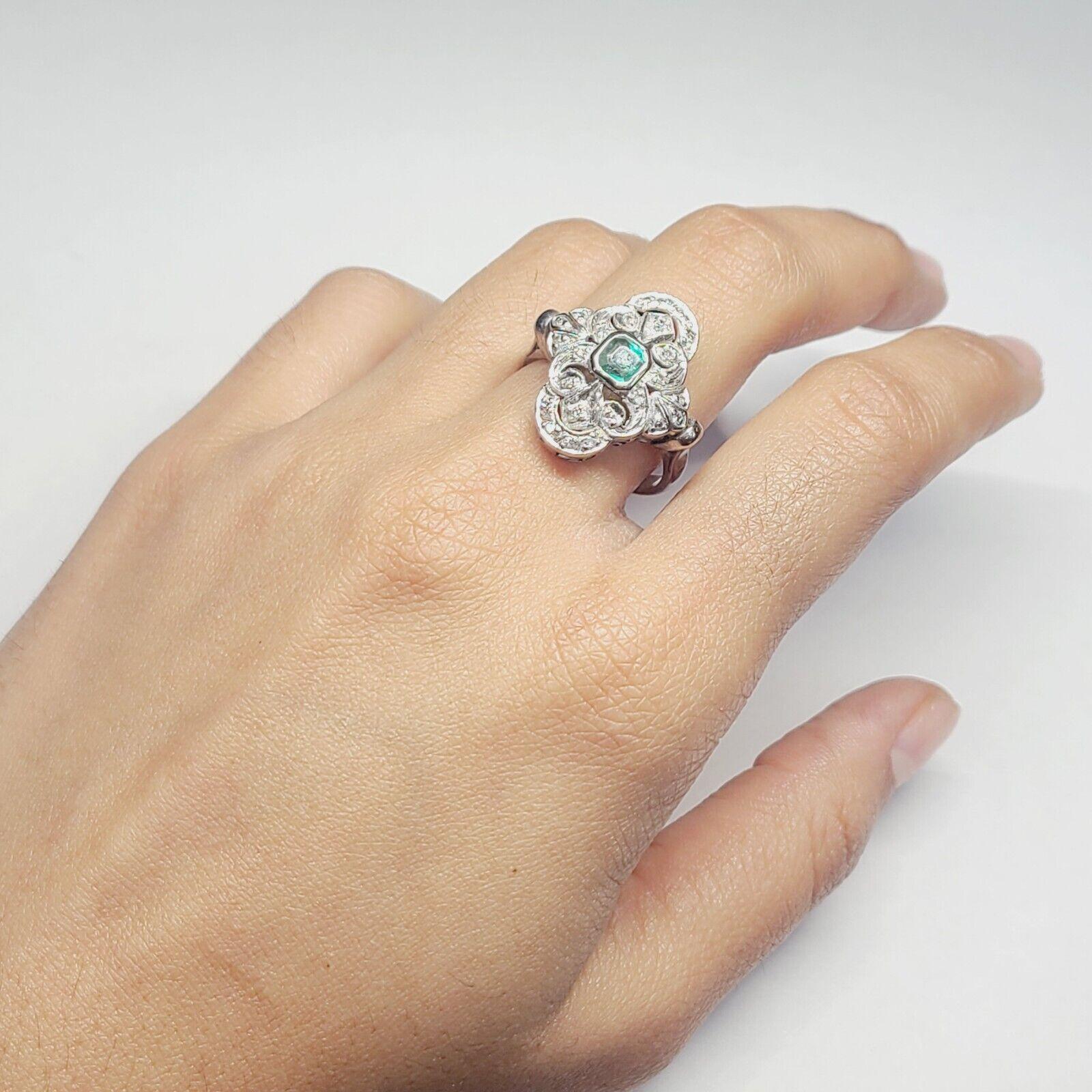 Art Deco Palladium Emerald and Pave Diamond Ring For Sale 4