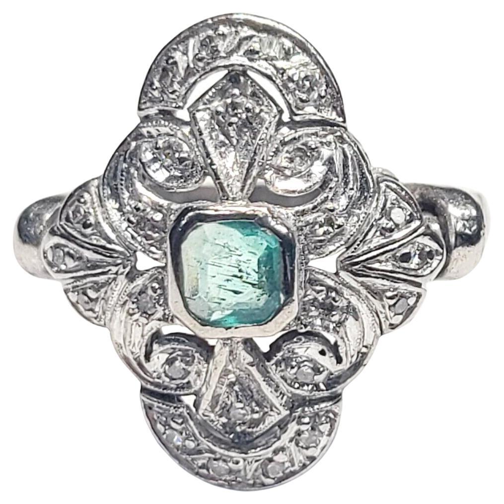 Art Deco Palladium Emerald and Pave Diamond Ring For Sale
