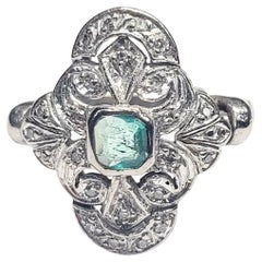 Retro Art Deco Palladium Emerald and Pave Diamond Ring