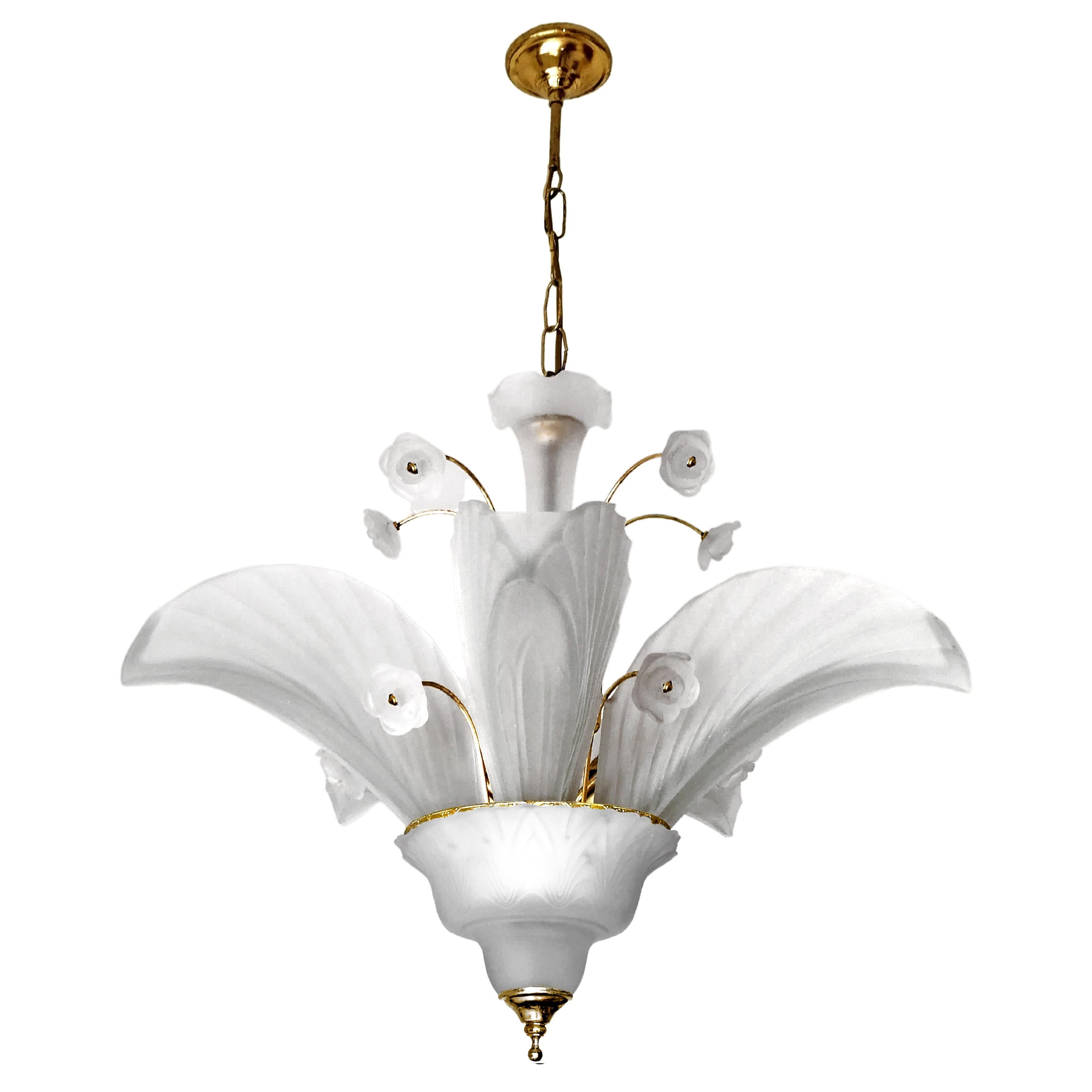 French Art Deco Palm Tree, Frosted Glass Leaves and Gilt Chandelier, Hollywood Regency