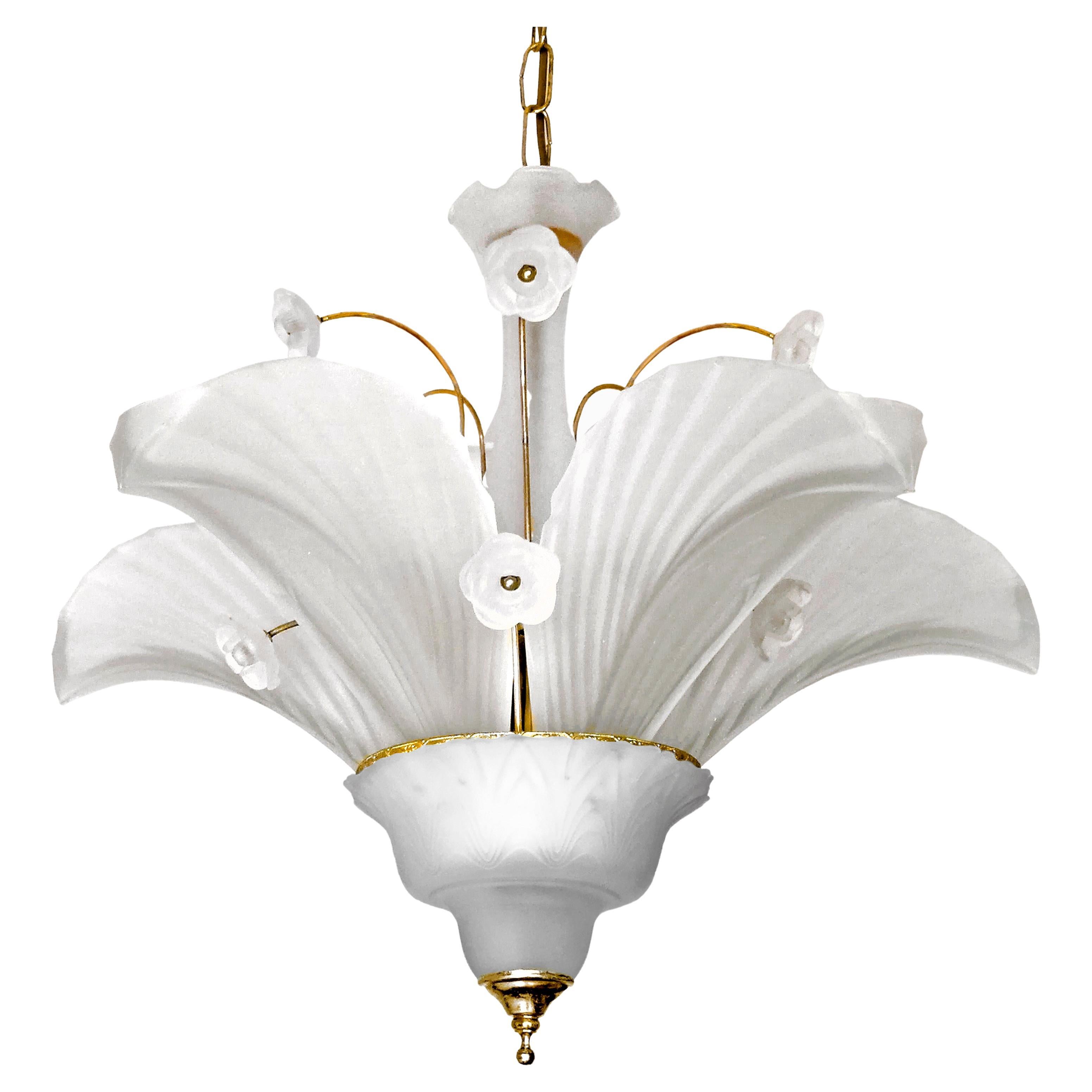 Art Deco Palm Tree, Frosted Glass Leaves and Gilt Chandelier, Hollywood Regency