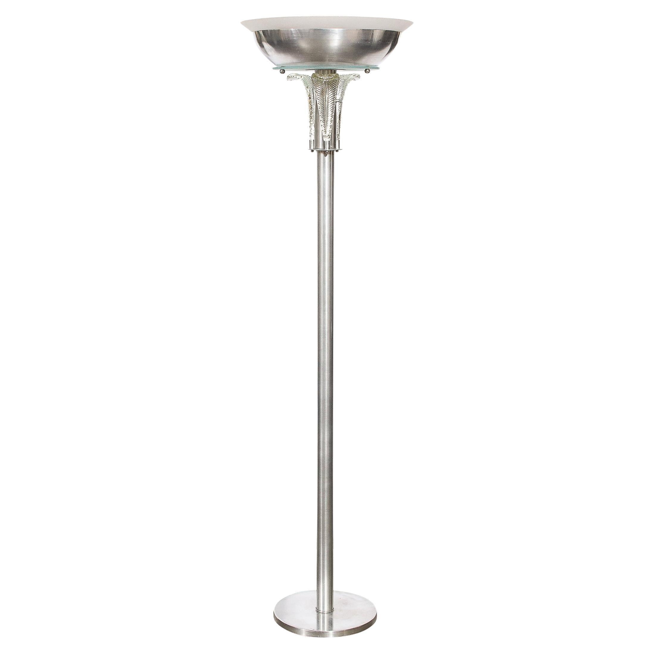 Art Deco "Palma" Torchiere in Glass & Brushed Aluminum by Walter Von Nessen