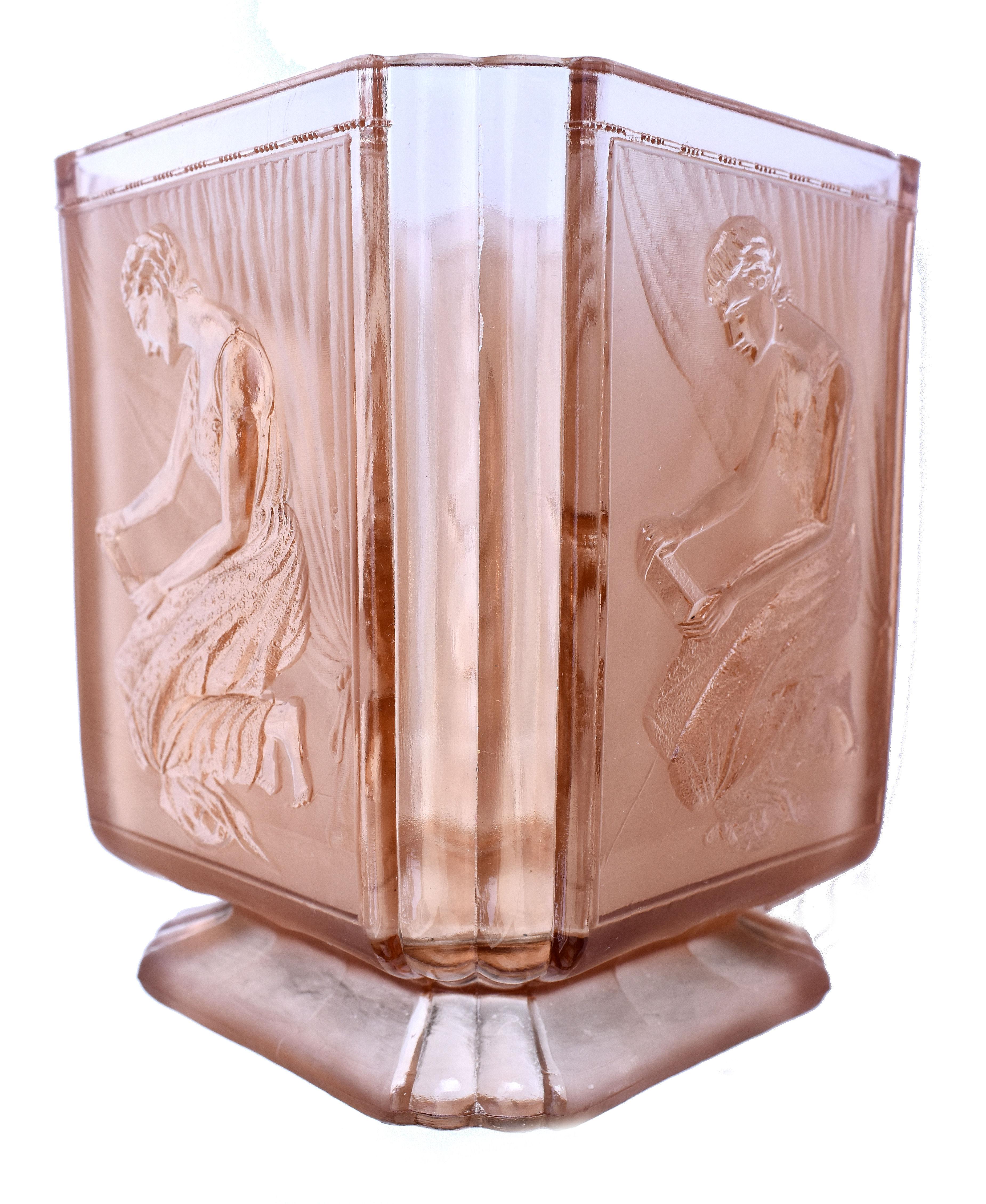 English Art Deco 'Pandora's Box'  Glass Biscuit Barrel by Sowerby, England, C1930s
