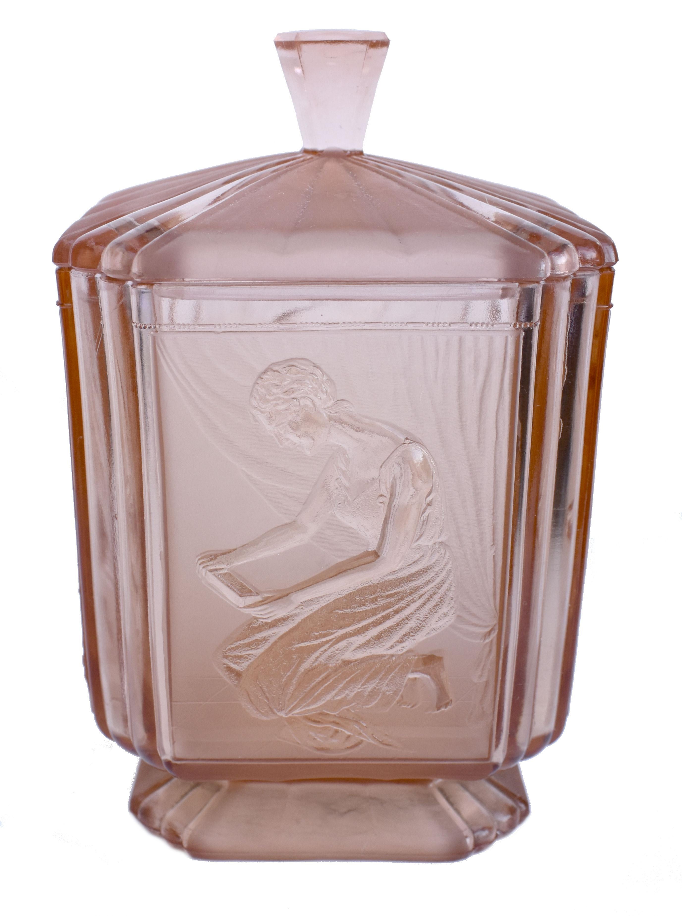 Art Deco 'Pandora's Box'  Glass Biscuit Barrel by Sowerby, England, C1930s 5