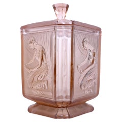 Vintage Art Deco 'Pandora's Box'  Glass Biscuit Barrel by Sowerby, England, C1930s