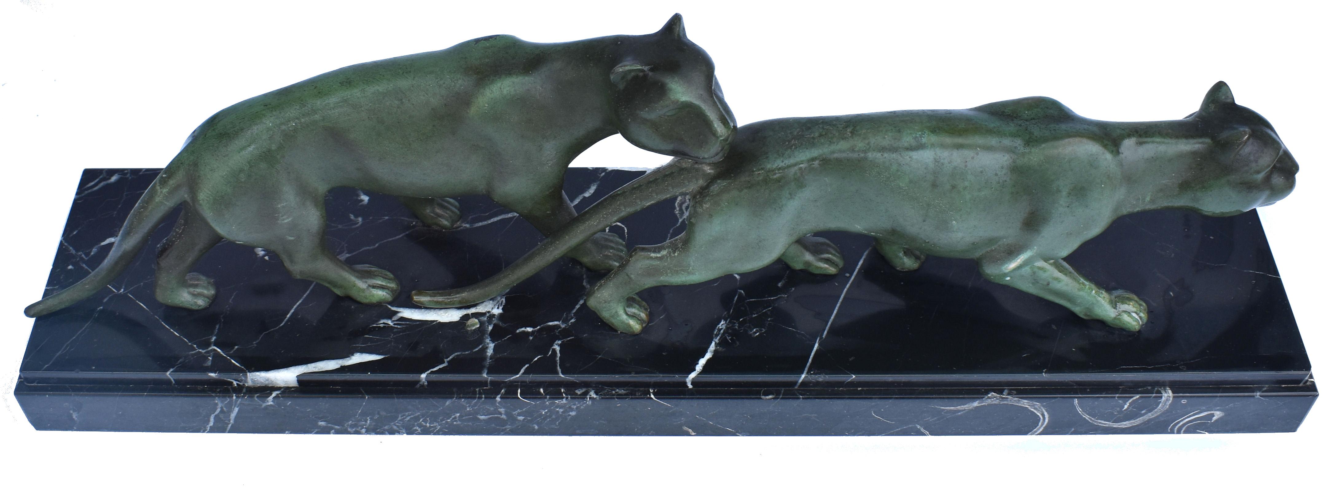 French Art Deco Panther Figures on a Solid Marble Base, 1930s