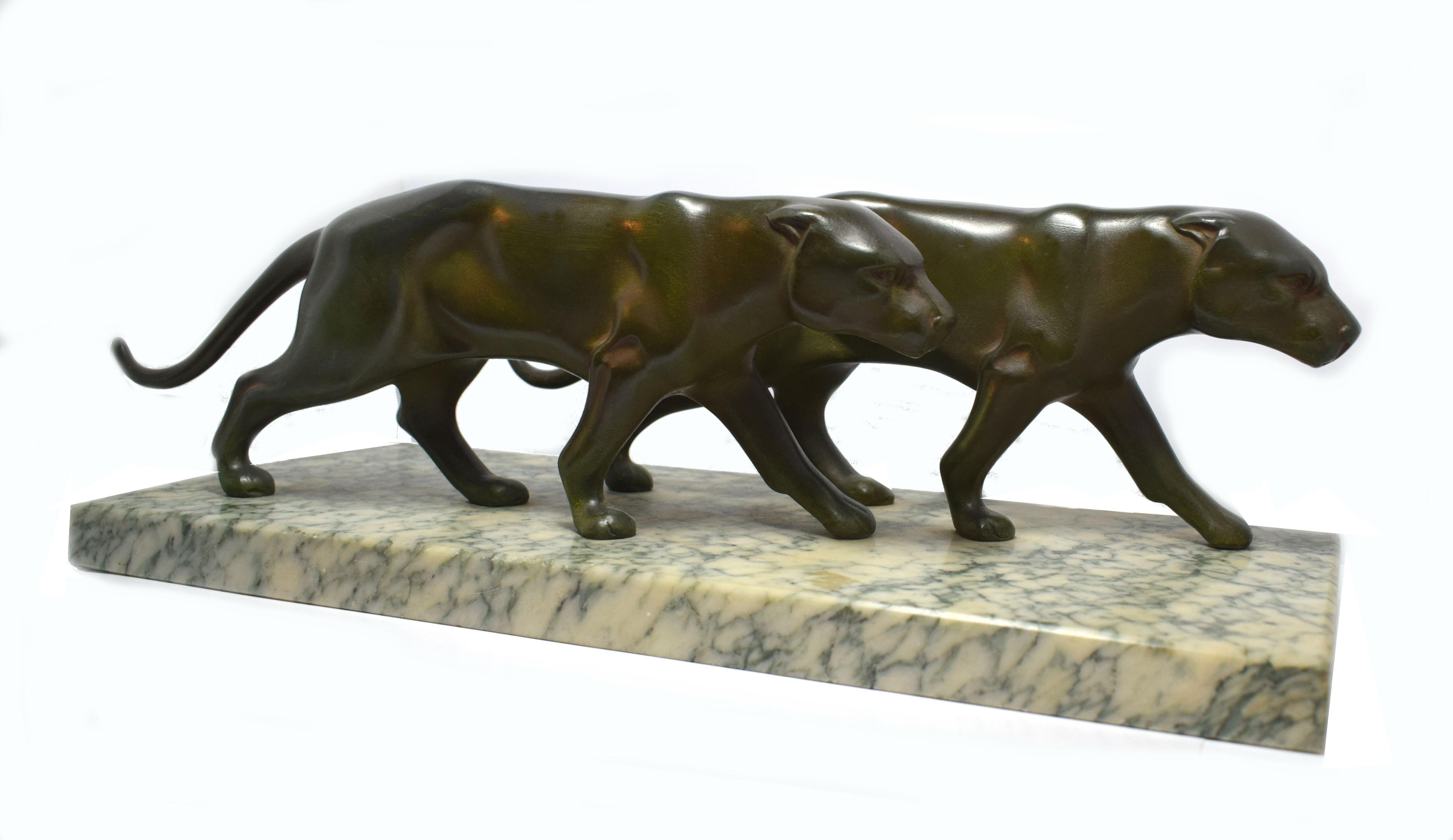 Art Deco Panther Figures on a Solid Marble Base, 1930s In Good Condition In Devon, England