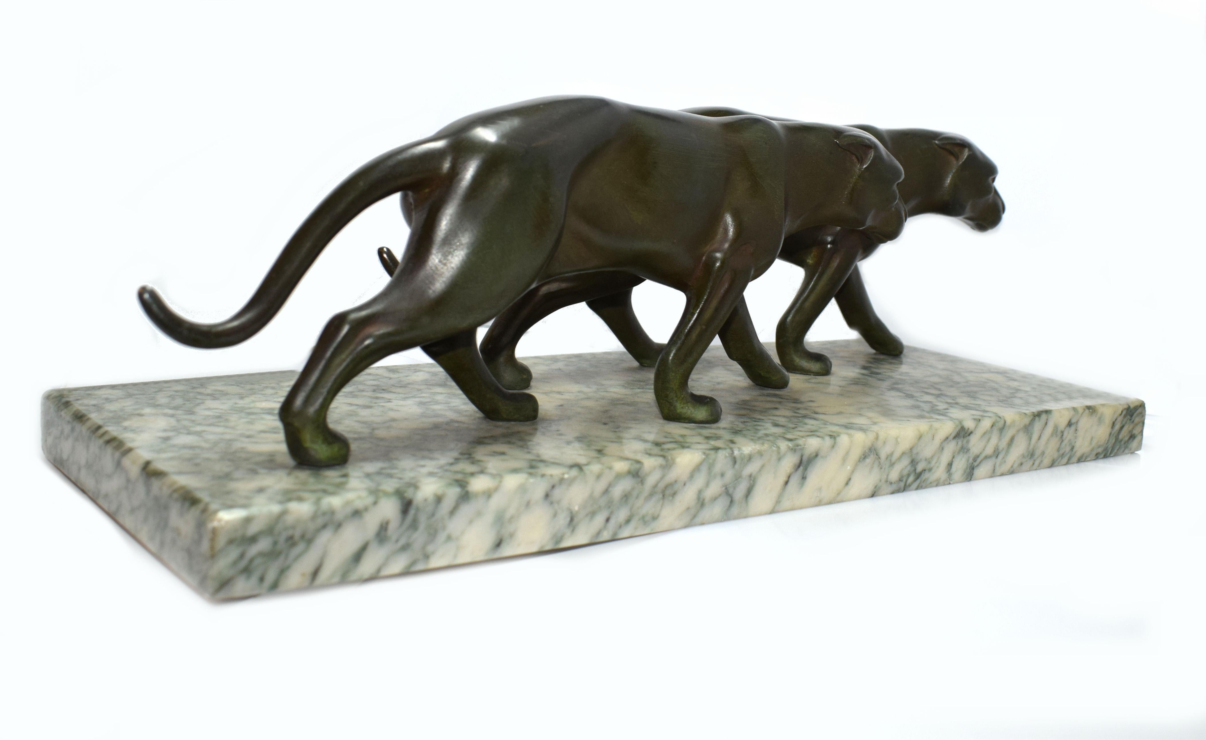 20th Century Art Deco Panther Figures on a Solid Marble Base, 1930s