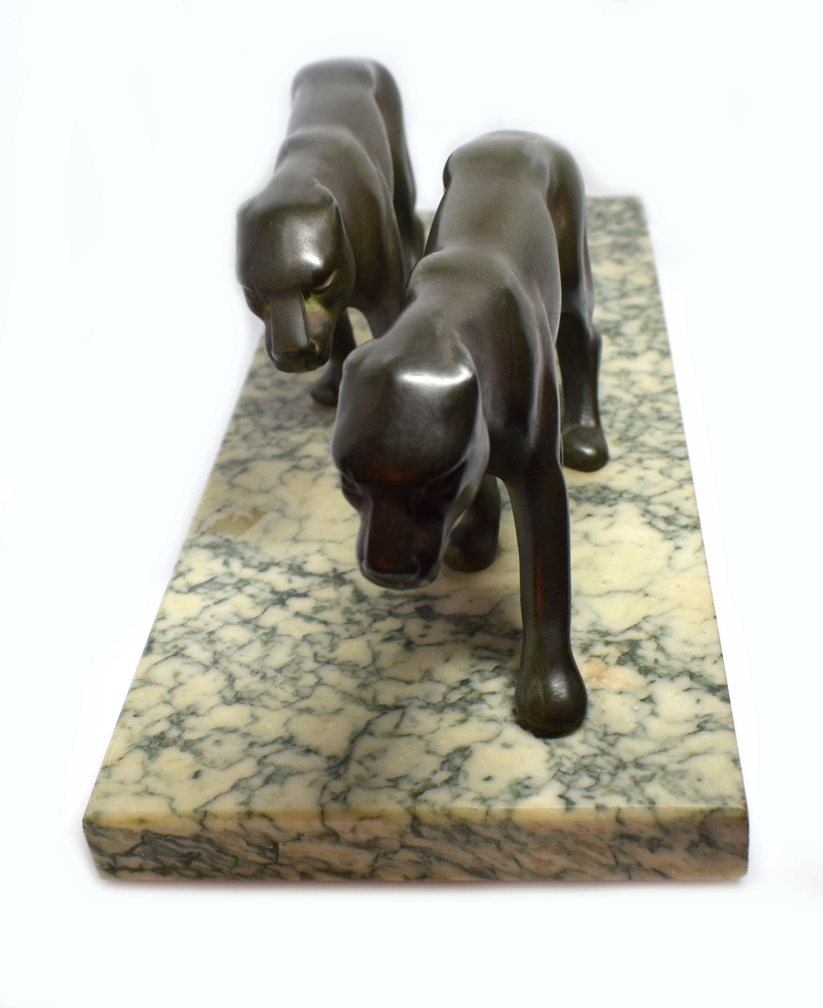 Spelter Art Deco Panther Figures on a Solid Marble Base, 1930s