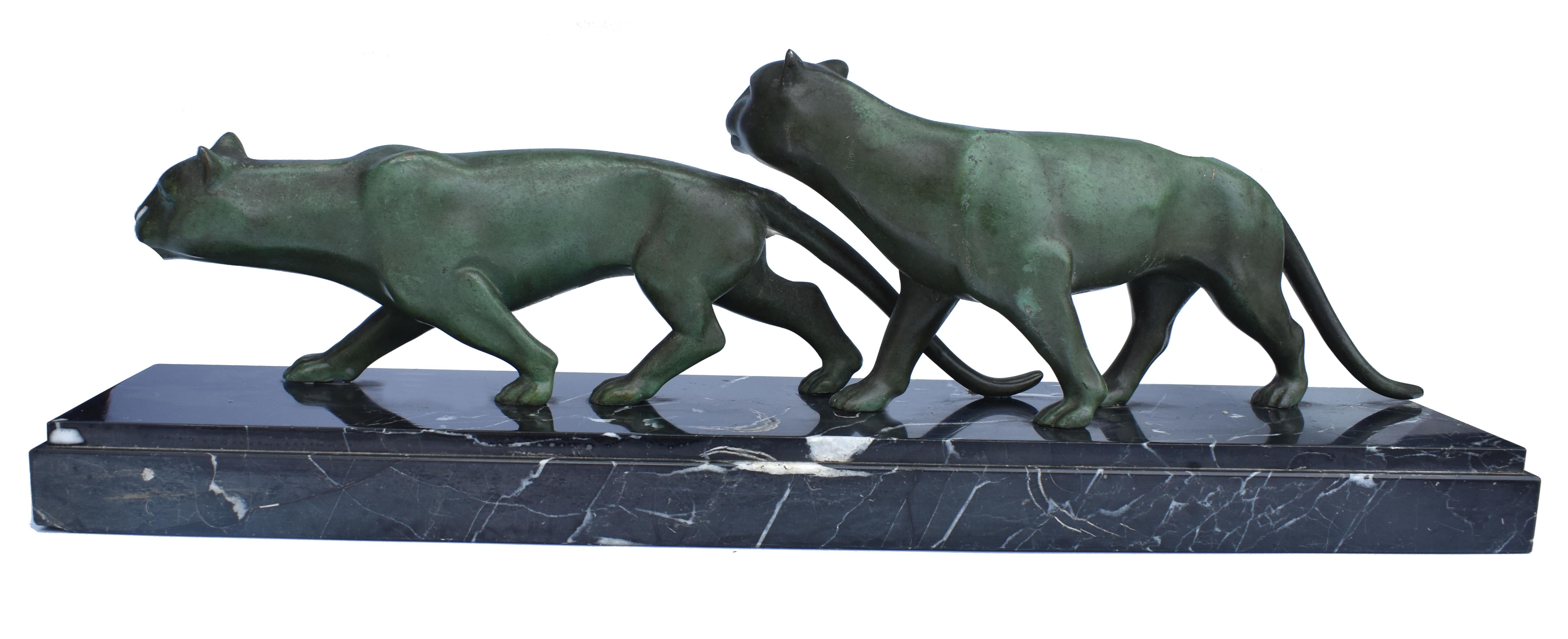 Spelter Art Deco Panther Figures on a Solid Marble Base, 1930s