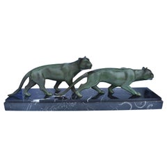 Art Deco Panther Figures on a Solid Marble Base, 1930s