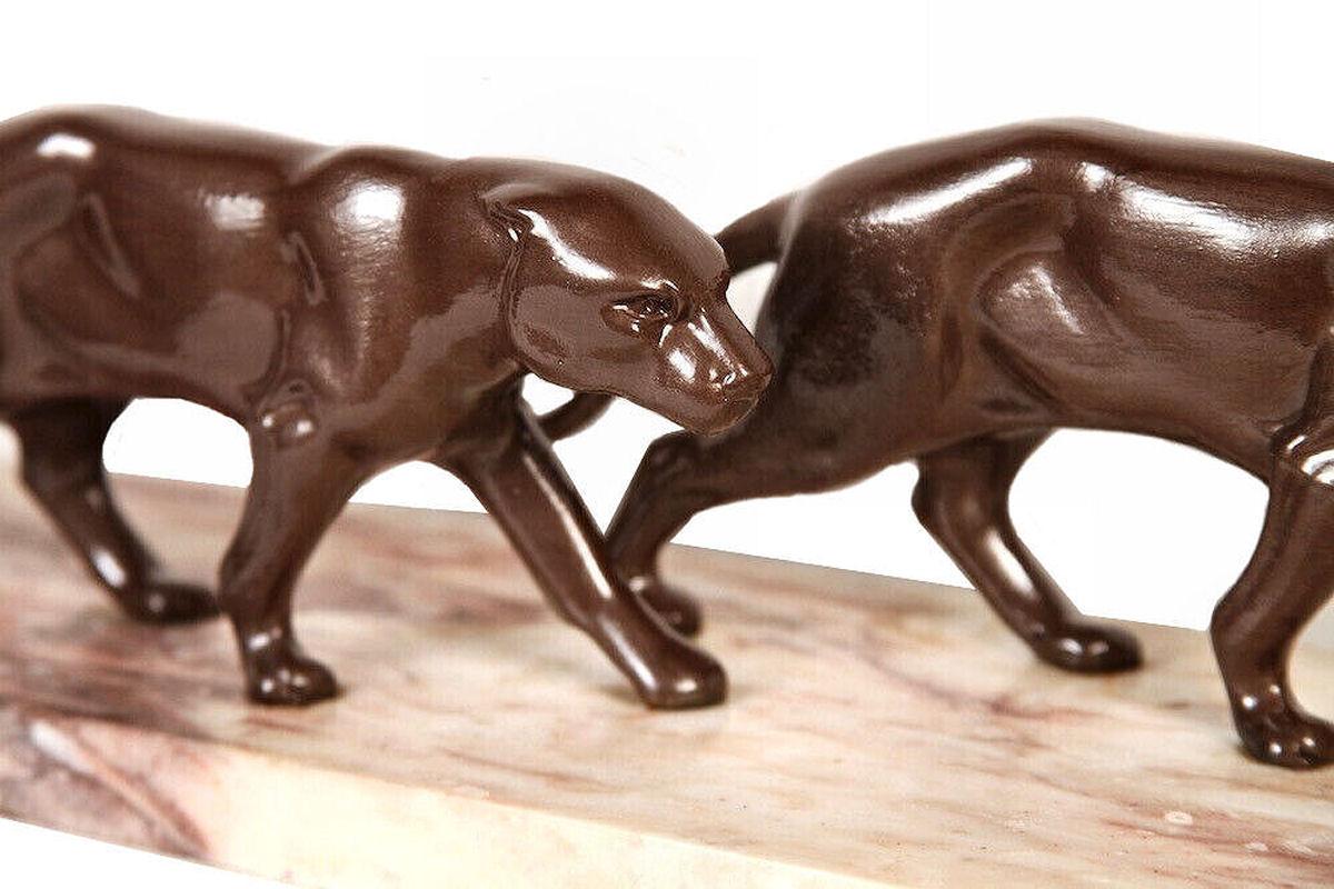 Art Deco Panther Figures on a Solid Marble Base, French, C1930's In Good Condition In Devon, England