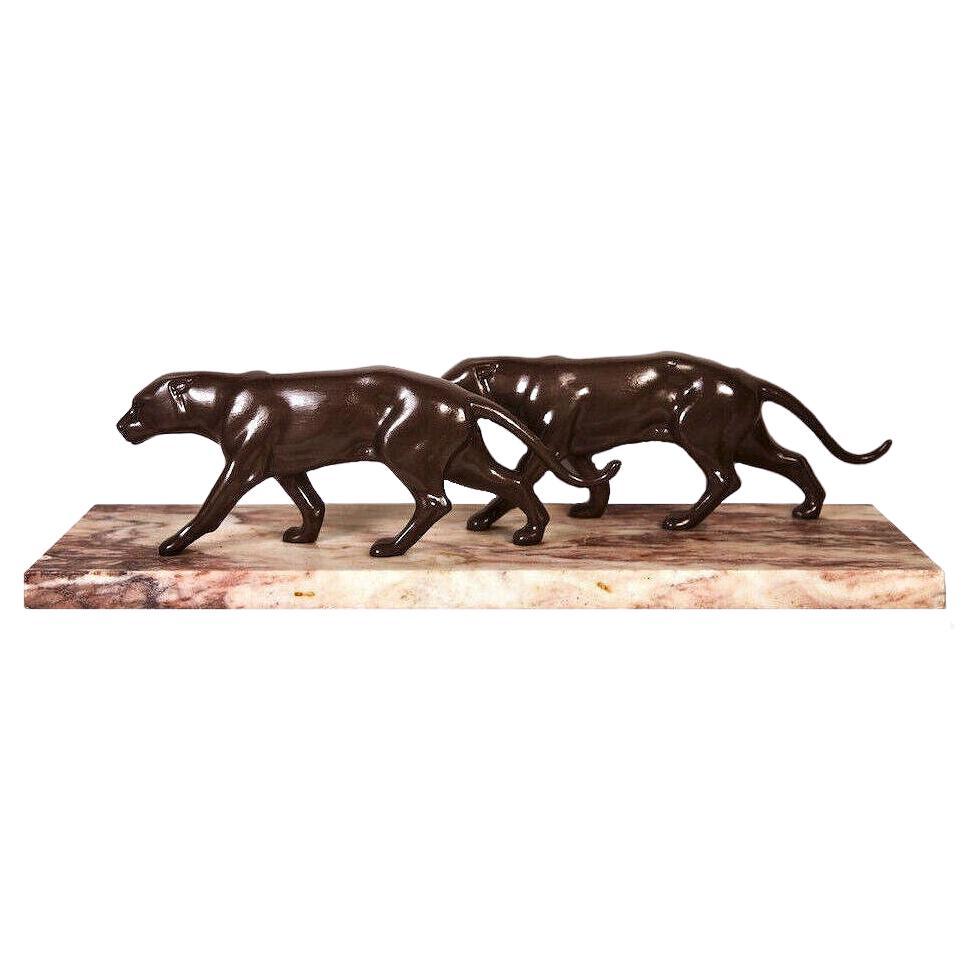 Art Deco Panther Figures on a Solid Marble Base, French, C1930's 1