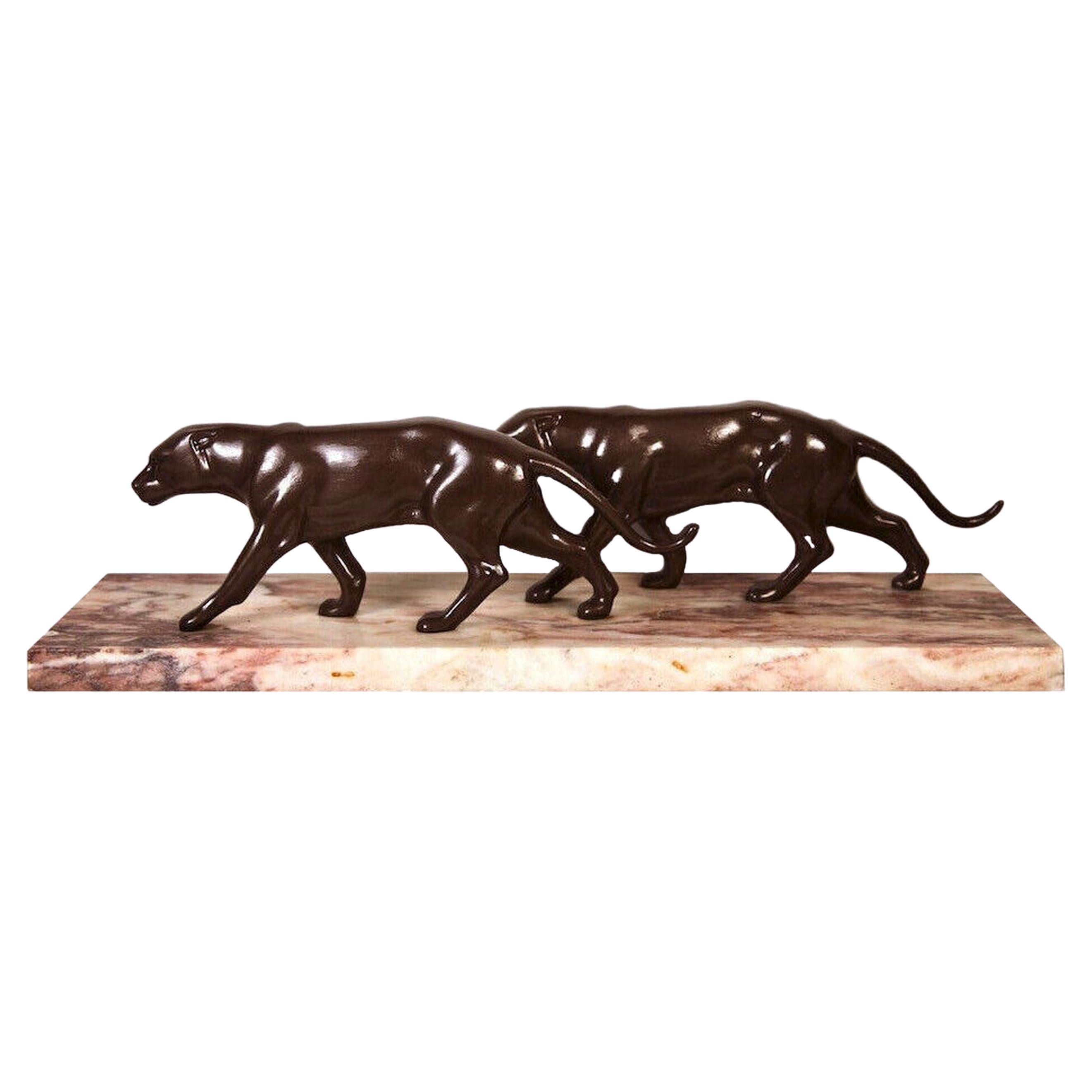 Art Deco Panther Figures on a Solid Marble Base, French, C1930's
