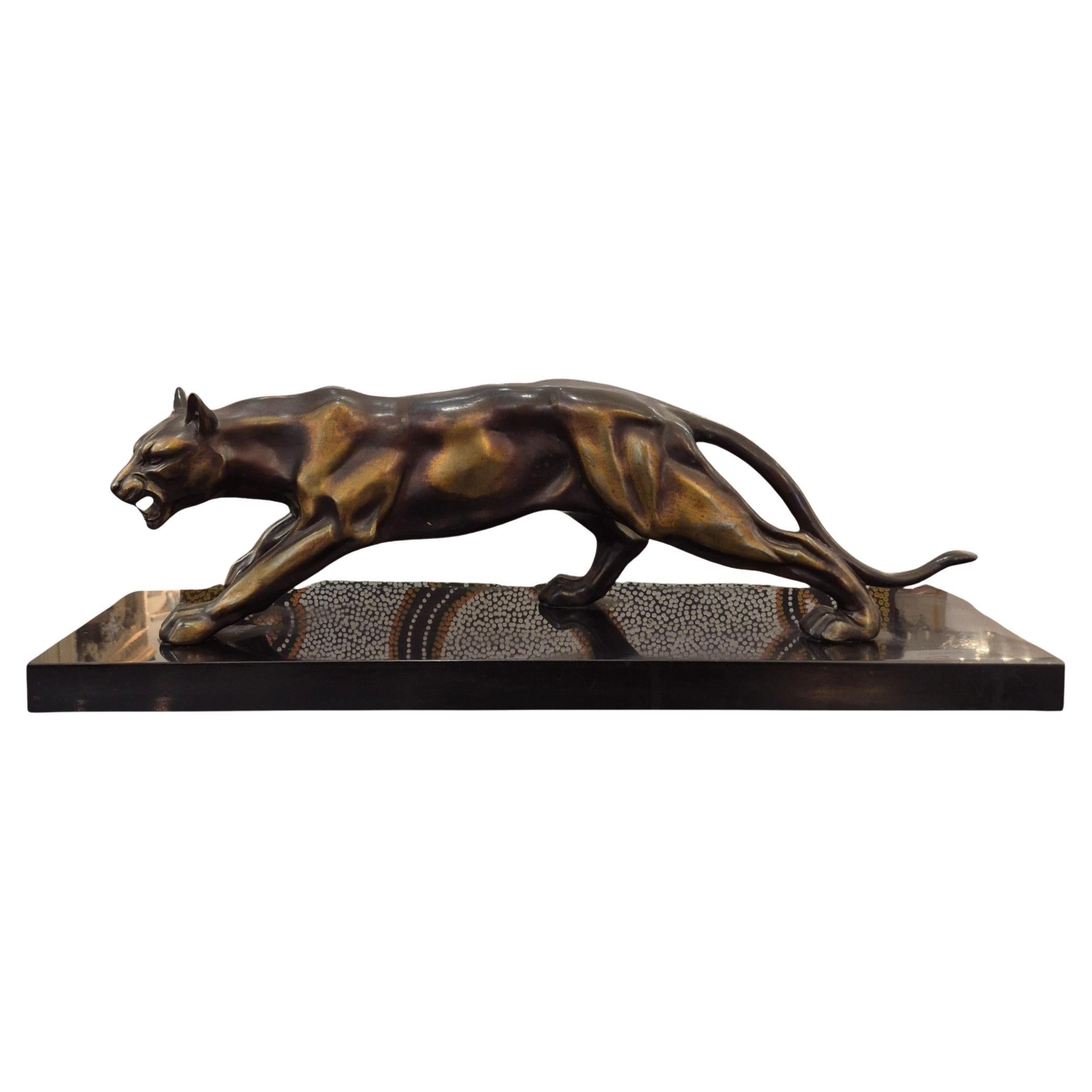Art Deco Panther in Hunting Stance on black marble base, circa 1930s