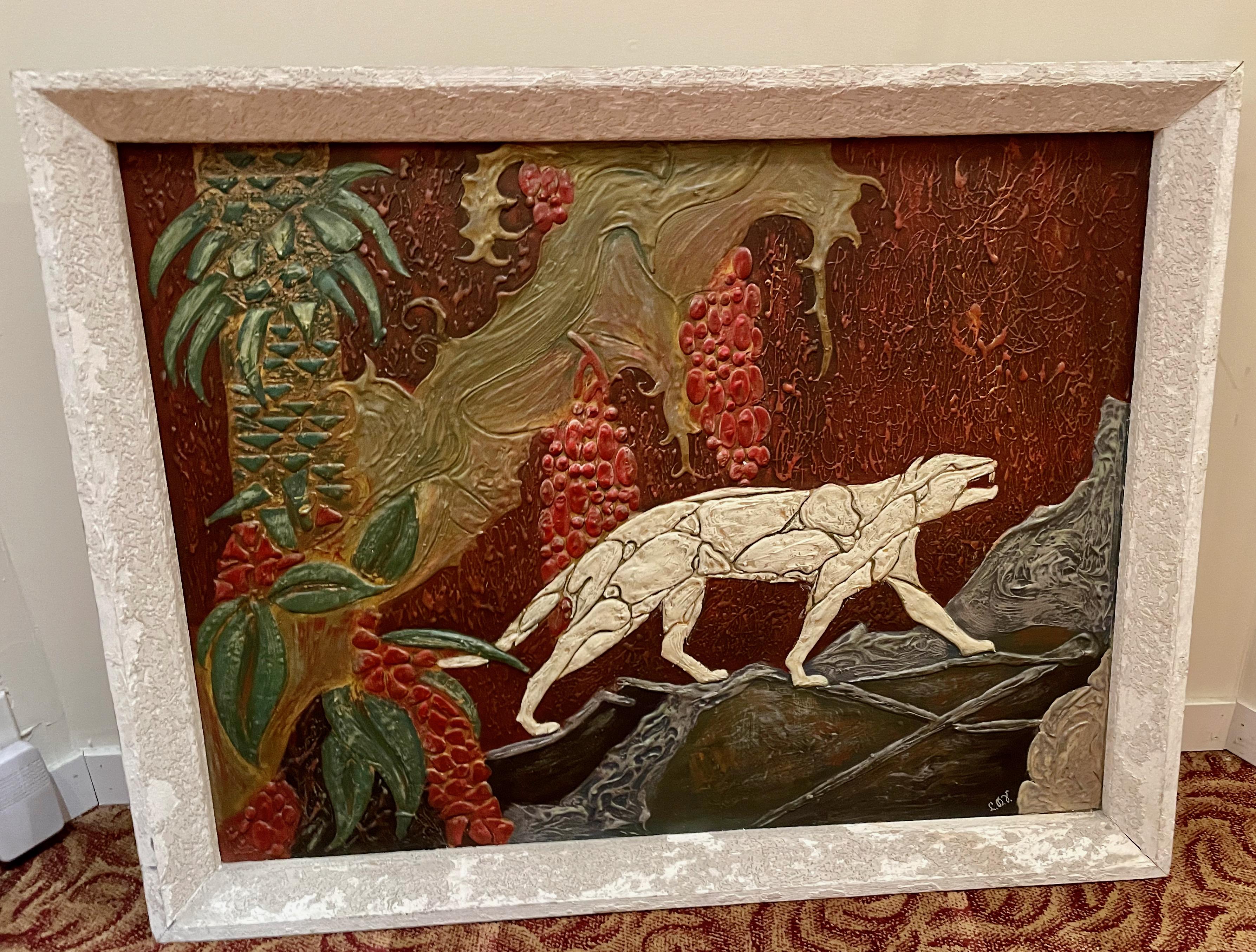 Art Deco painting depicting panther in the wild. Unusual dimensional treatment with all the paint. Look closely at the texture of this piece. In an original frame that also has a painted finish. It appears to all be painted on a board that is
