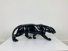 Art Deco Panther Skulptur, schwarze Keramik, 1930er Jahre, im Stil von Saint Clément