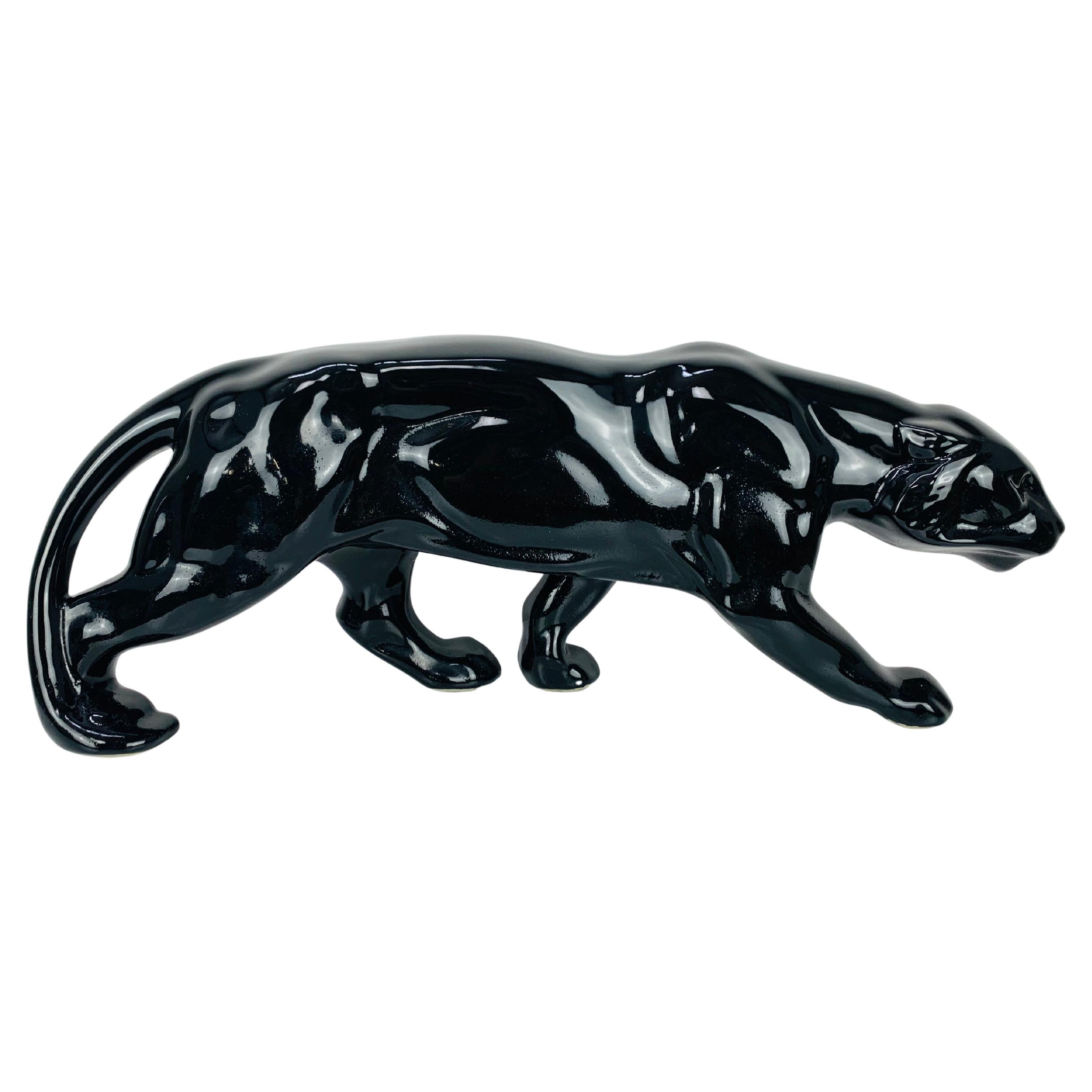 Scultura Art Deco Panther, ceramica nera, anni '30, nello stile di Saint Clément in vendita