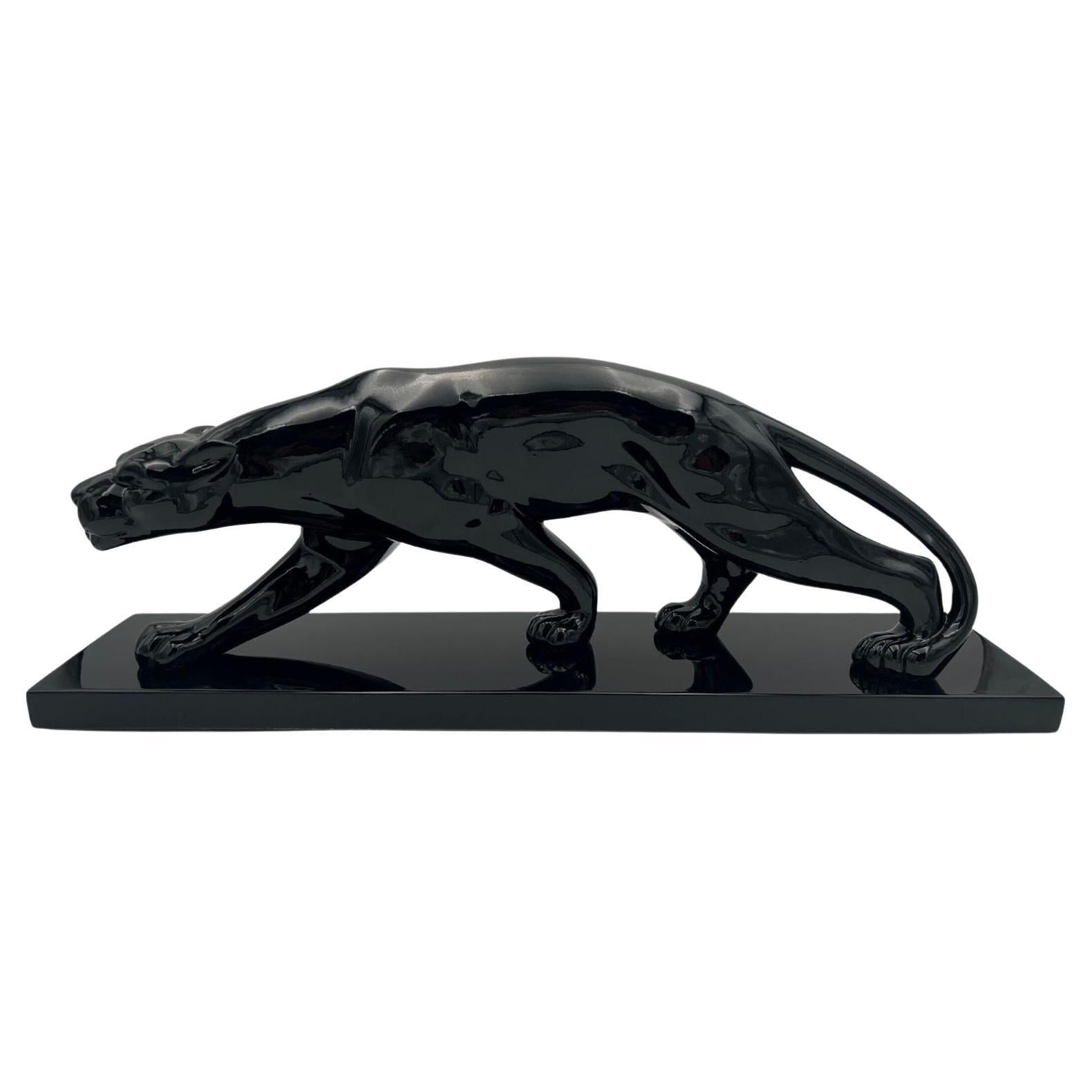 Art Deco Panther Sculpture, Black Lacquer, Ceramic, France, circa 1930