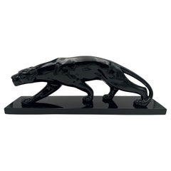 Vintage Art Deco Panther Sculpture, Black Lacquer, Ceramic, France, circa 1930