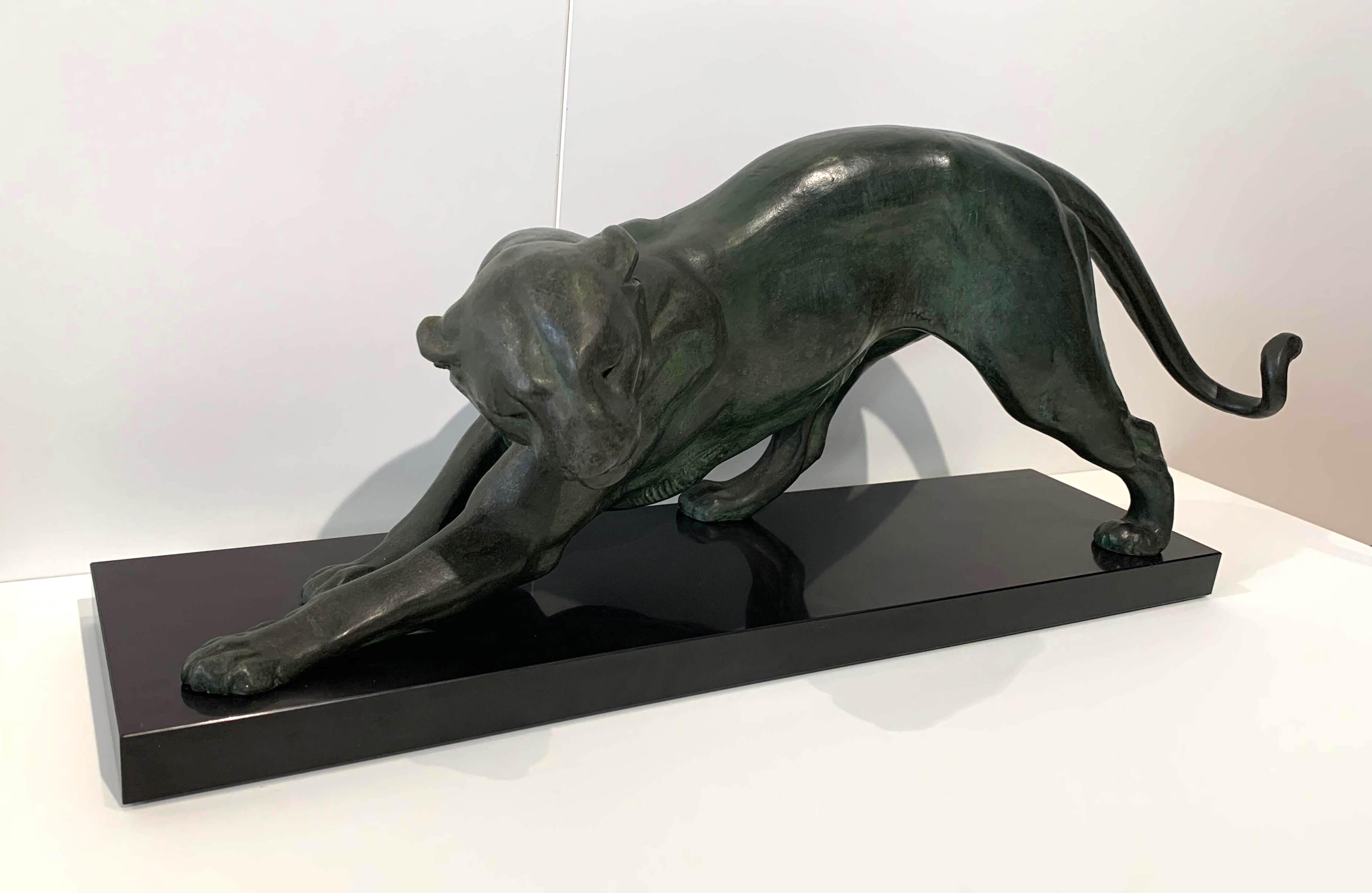 French Art Deco Panther Sculpture by Plagnet, White Bronze, Marble, France circa 1925