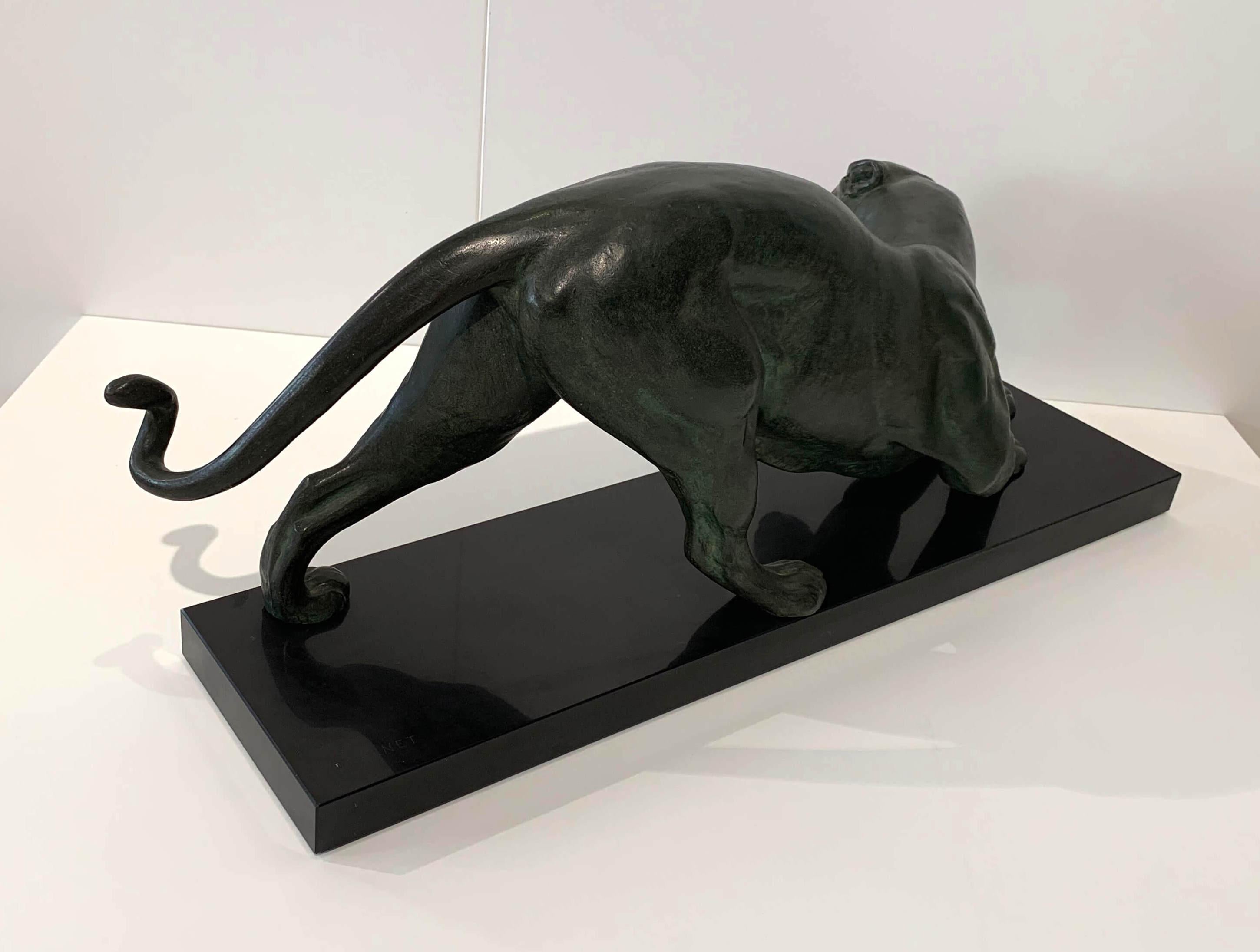 Early 20th Century Art Deco Panther Sculpture by Plagnet, White Bronze, Marble, France circa 1925