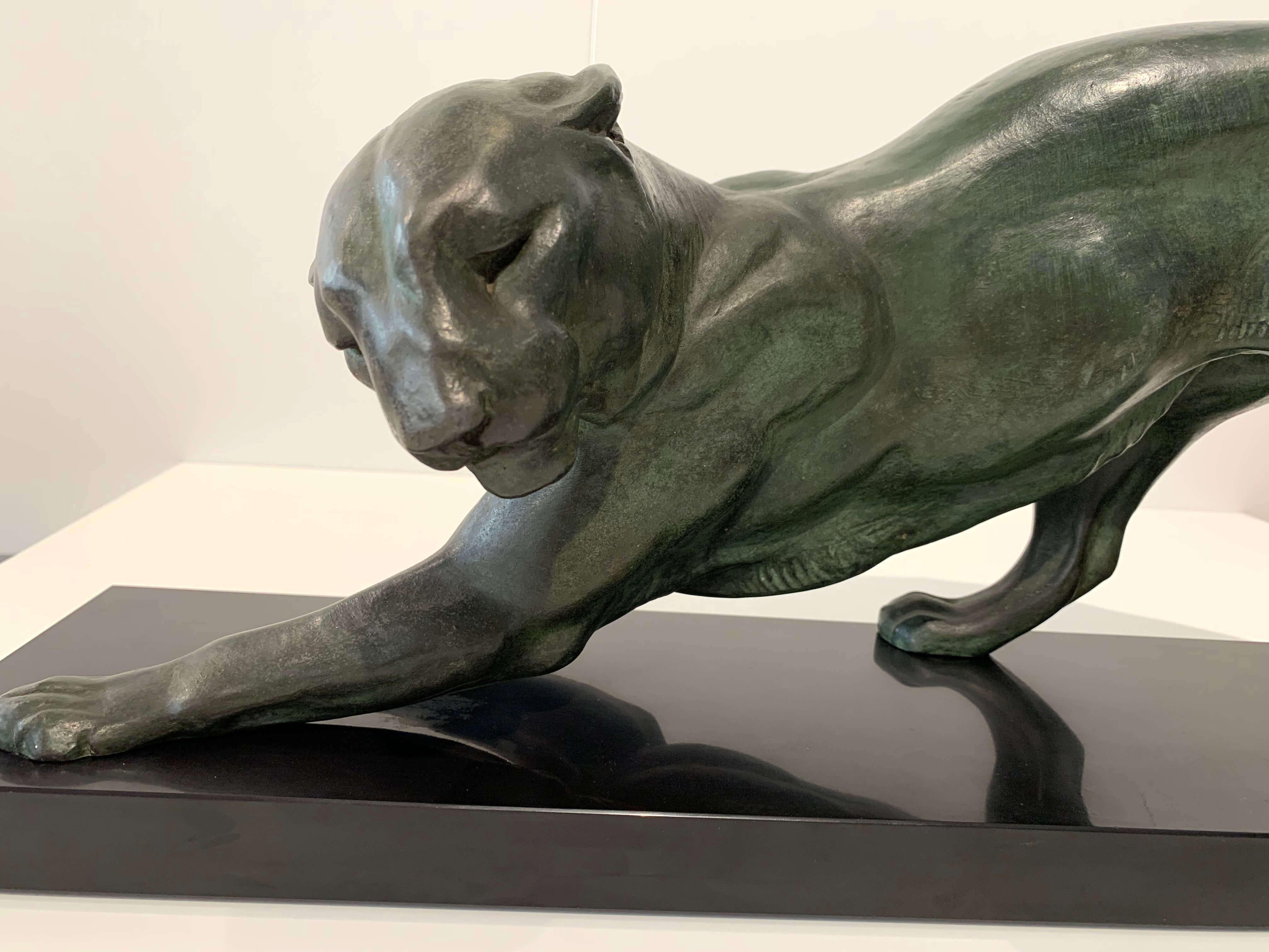Art Deco Panther Sculpture by Plagnet, White Bronze, Marble, France circa 1925 3