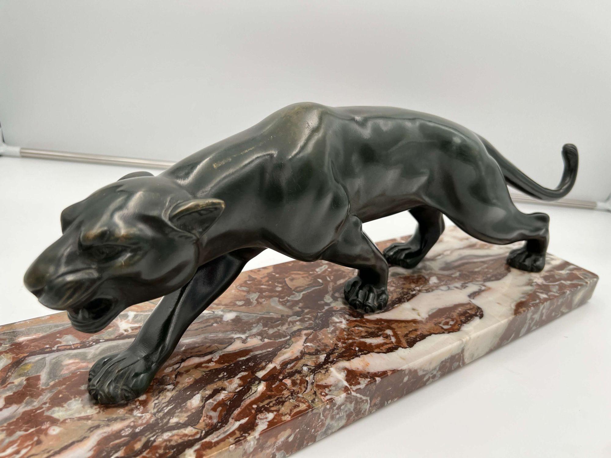 Art Deco Panther Sculpture by S. Melani, Bronze, Marble, France circa 1930 5